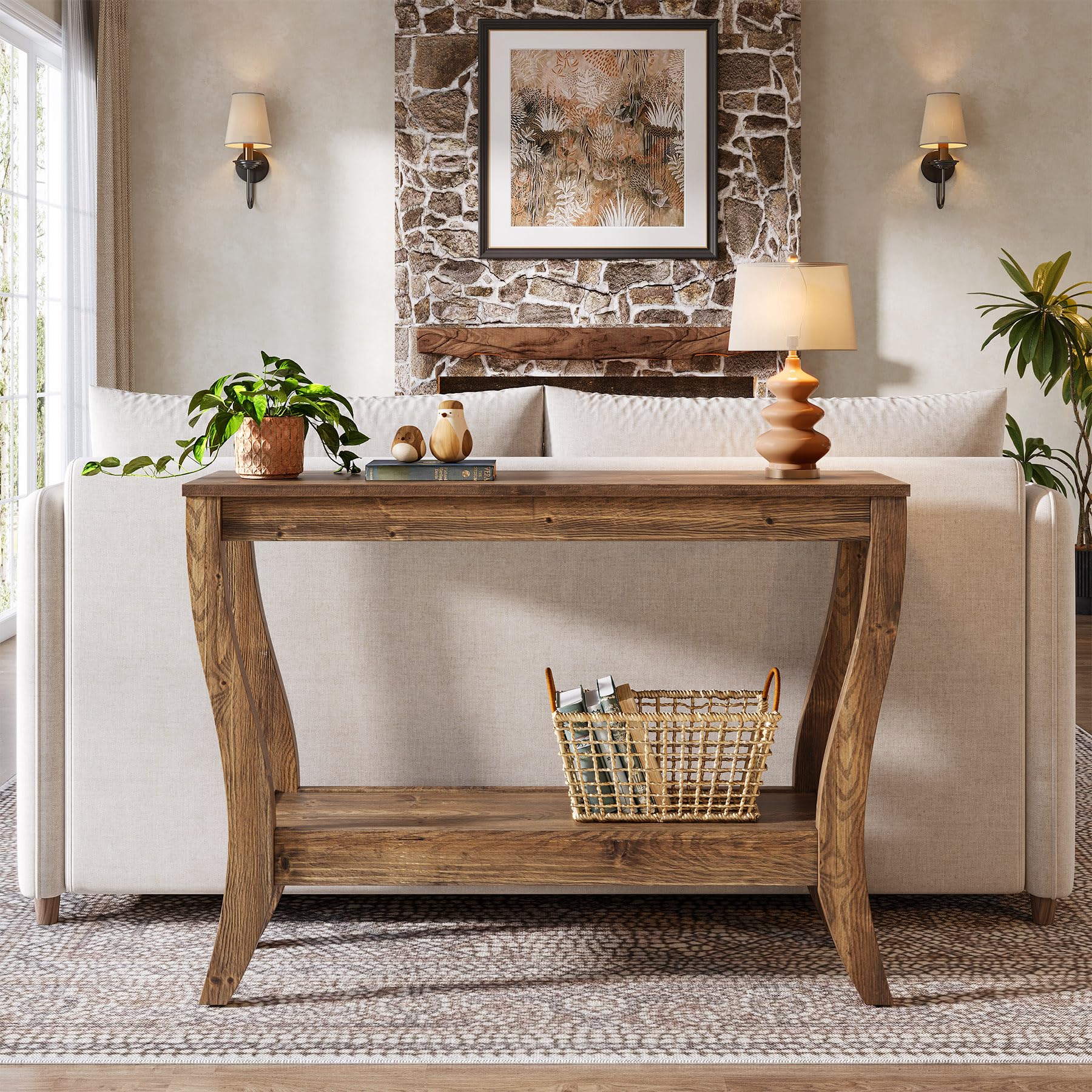 Tavolo consolle in legno massiccio con vano portaoggetti, 105 cm, tavolino da corridoio con ripiano, divano a 2 livelli, in legno, per soggiorno, corridoio, ingresso, marrone