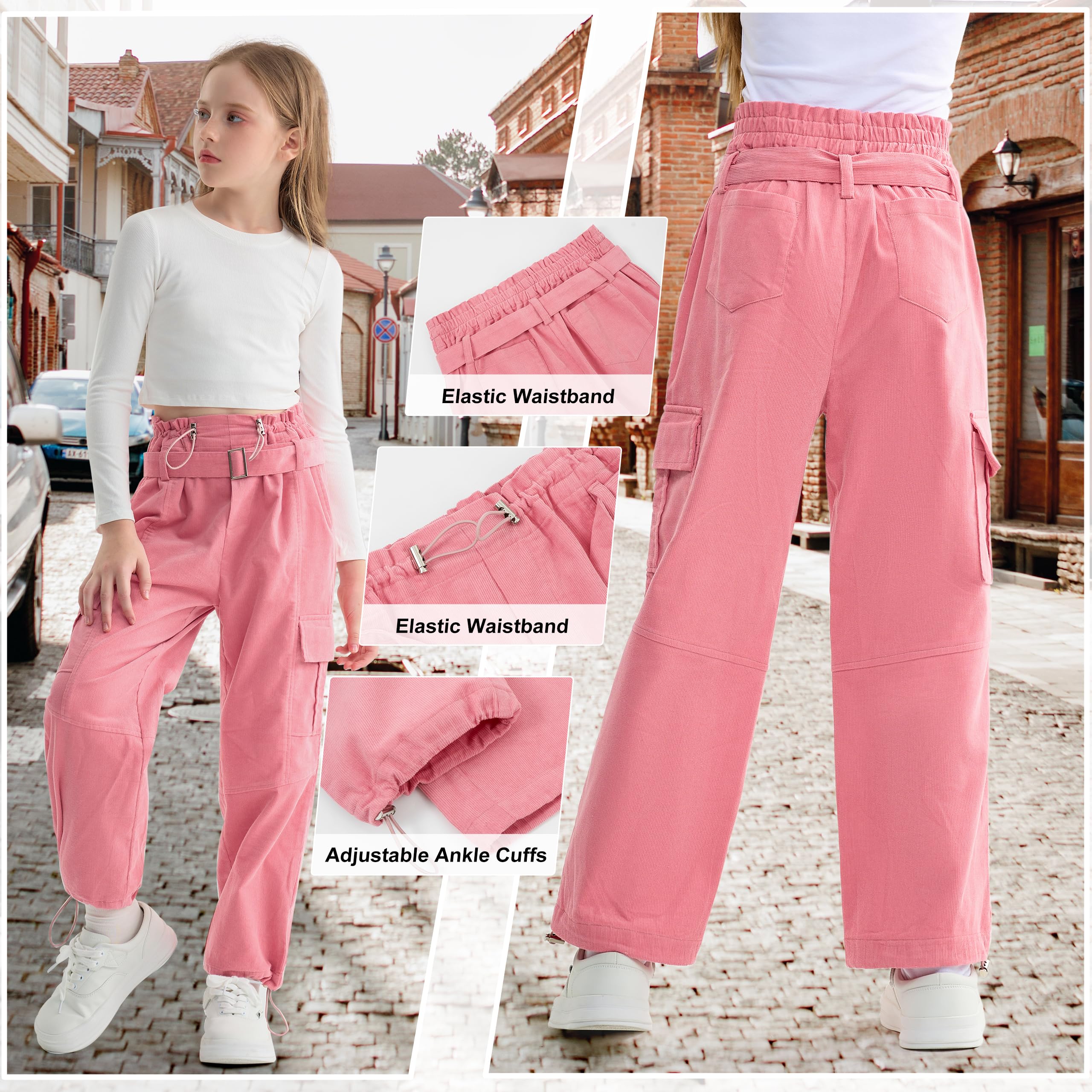 Rolanko Cargohose für Mädchen, Cord, weites Bein, Cargohose, Streetwear, Kinderhose, Jogginghose mit Taschen, 4–15 Jahre