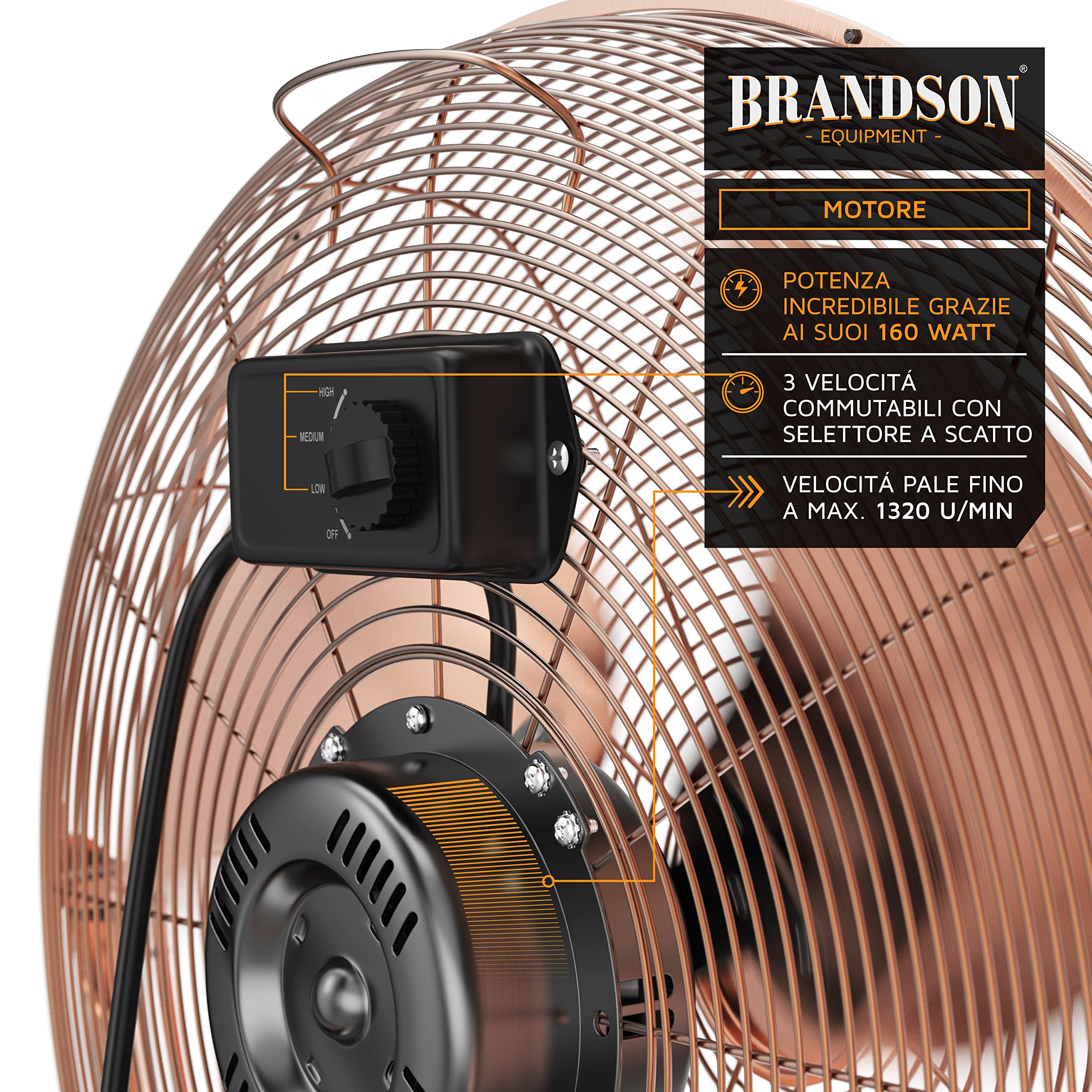 Brandson - Macchina del Vento - L'Originale Super Ventilatore - Largo 53,5cm - 3 - Livelli di Potenza - 160W di Potenza Max - Design Retro - Rame