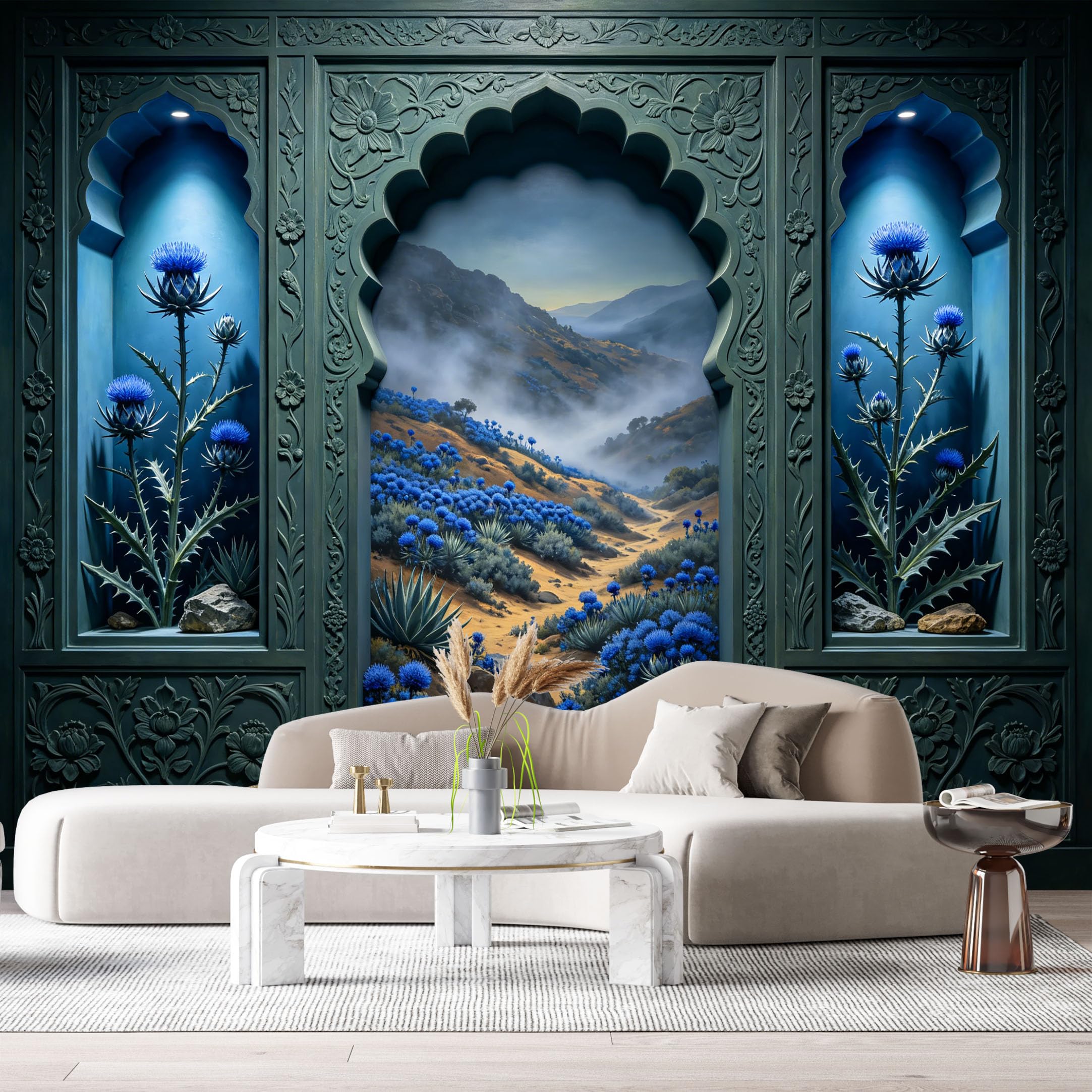 Custom Size Wall Murals Misty Blue Wildflower Thistle Landscape Oil Painting 3D Trompe L'Oeil SelfAdhesiveWall Fabric Removable Wallpaper Wall Decor for Living Room Bedroom Bathroom