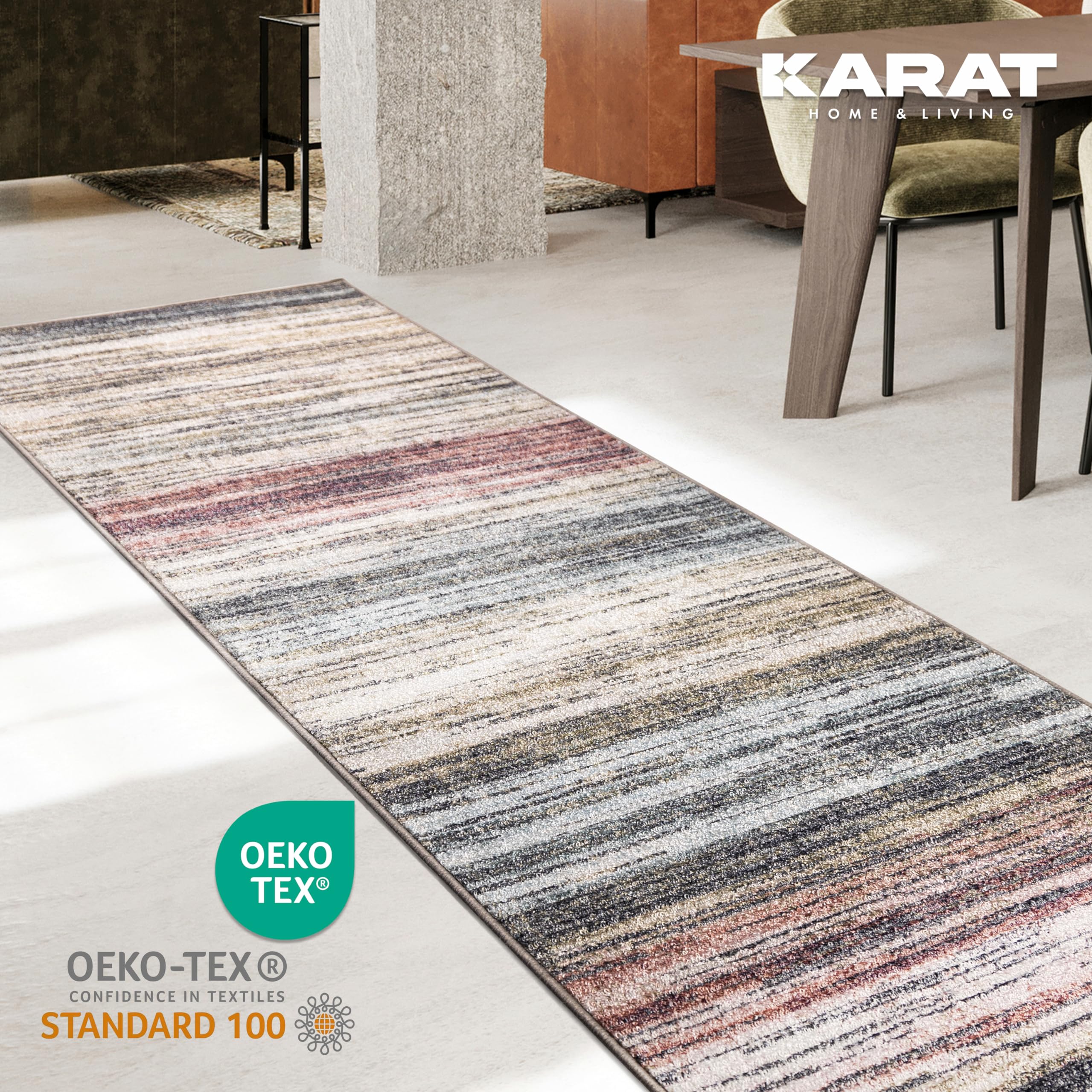 KARAT Teppich Läufer für Küche, Flur & Wohnraum Küchenläufer - Rutschfester Moderner Flurteppich für Wohnzimmer & Schlafzimmer Meterware nach Maß, Beige-Rot, 80 x 450 cm (Cudillero)