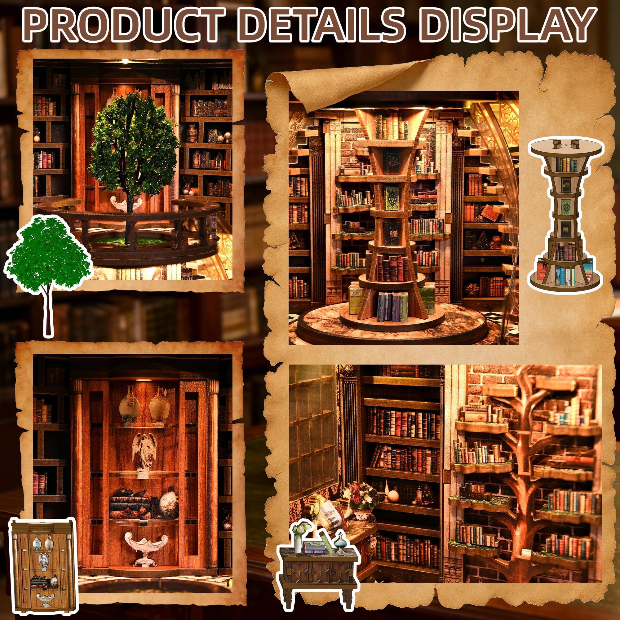 Book Nook Kit für Erwachsene - CRIOLPO DIY Miniatur Haus Holzpuzzle 3D Puppenhaus - Buchstütze für Bücherregal Deko mit Led Licht Kreatives Geschenk für Leser