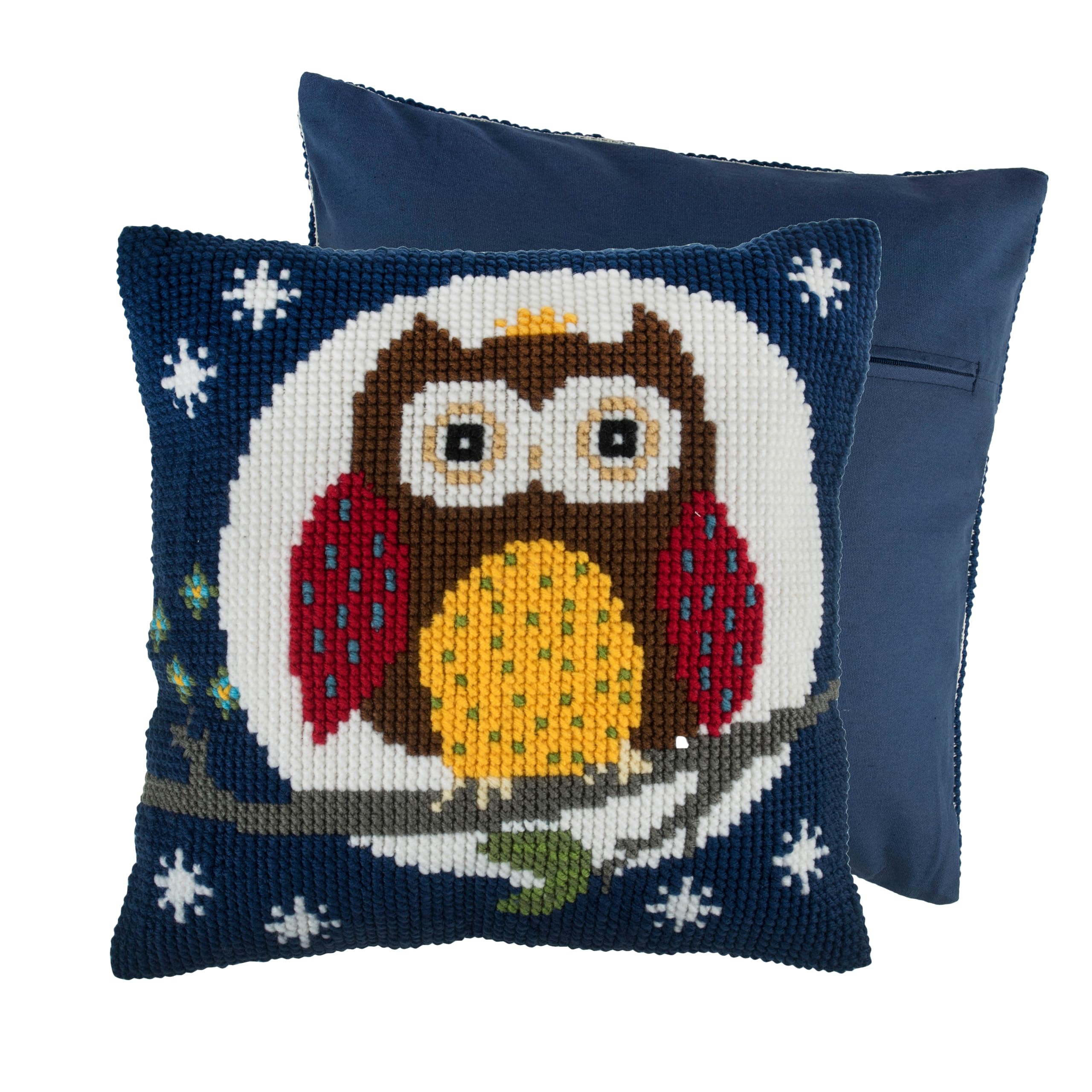 Trimits Cross Stitch Cushion Kit, Cushion Back Included, Pre Printed Canvas, Yarn and Needle Included 40 x 40cm (15.75 x 15.75in), Night Owl