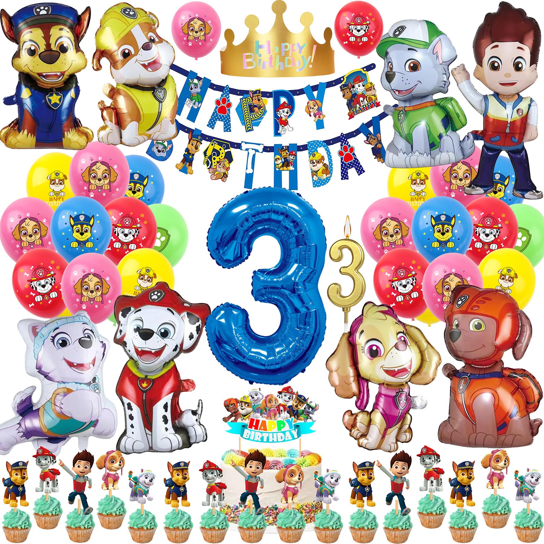 57 Stück 3. Geburtstagsdeko Geburtstag Deko 3 Jahre Jungen Mädchen Party Deko Set Happy Birthday Banner, 9 Großer Folienballons, 20 Latex Ballons, Tortendeko, Kerzen, Geburtstags Mützen (Zahl 3)