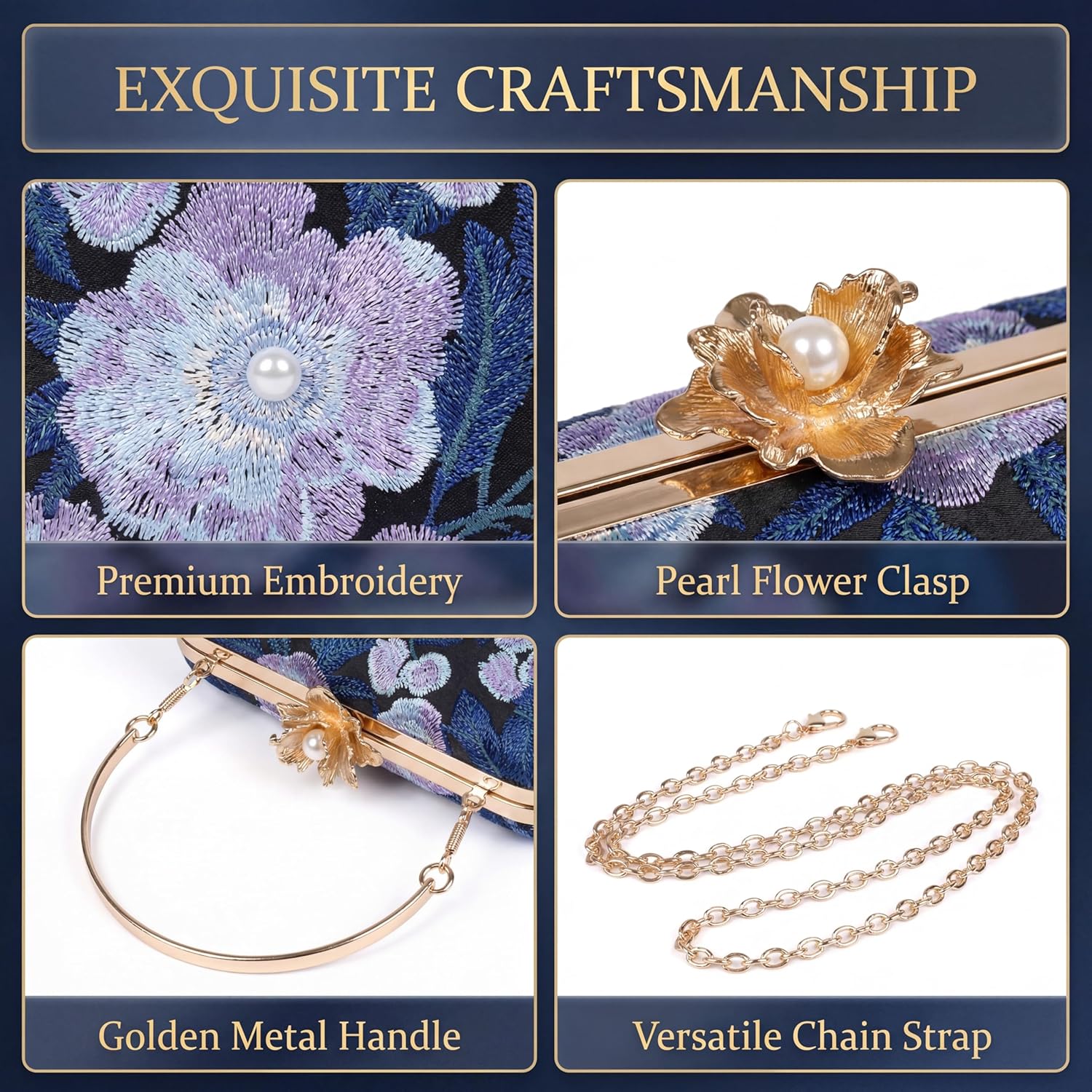 Handmade Evening Bag Floral Embroidered Vintage Clutch for Women Bridal Party Prom Formal Purse