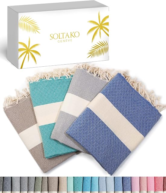 SOLTAKO Fouta ręcznik plażowy XXL, 4 sztuki, ręcznik do sauny, ręcznik kąpielowy, ręcznik hammam, koc do jogi, dla kobiet i mężczyzn, zestaw upominkowy, bardzo duży, lekki, 100 x 200 cm (kolory: