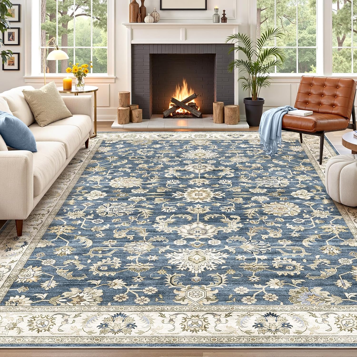 WITSHOCK 10x12 Area Rugs for Living Room: Machine Washable Non Slip Vintage Carpet - Low Pile Lightweight Print Rug for Bedroom Dining Room - Stain Resistant for Household - Pet Owners (Blue) Blue/Cream White/Light Ivory 10' x 12' (Rectangular)