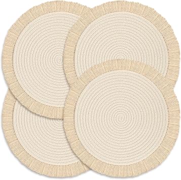 Round Placemats Set of 4 Table Mats 13Inch Washable Cotton Heat Resistant for Dining Table Decor, Farmhouse Thick Rustic Kitchen Placemats Non-Slip Hand Woven Boho Placemats for Thanksgiving Christmas