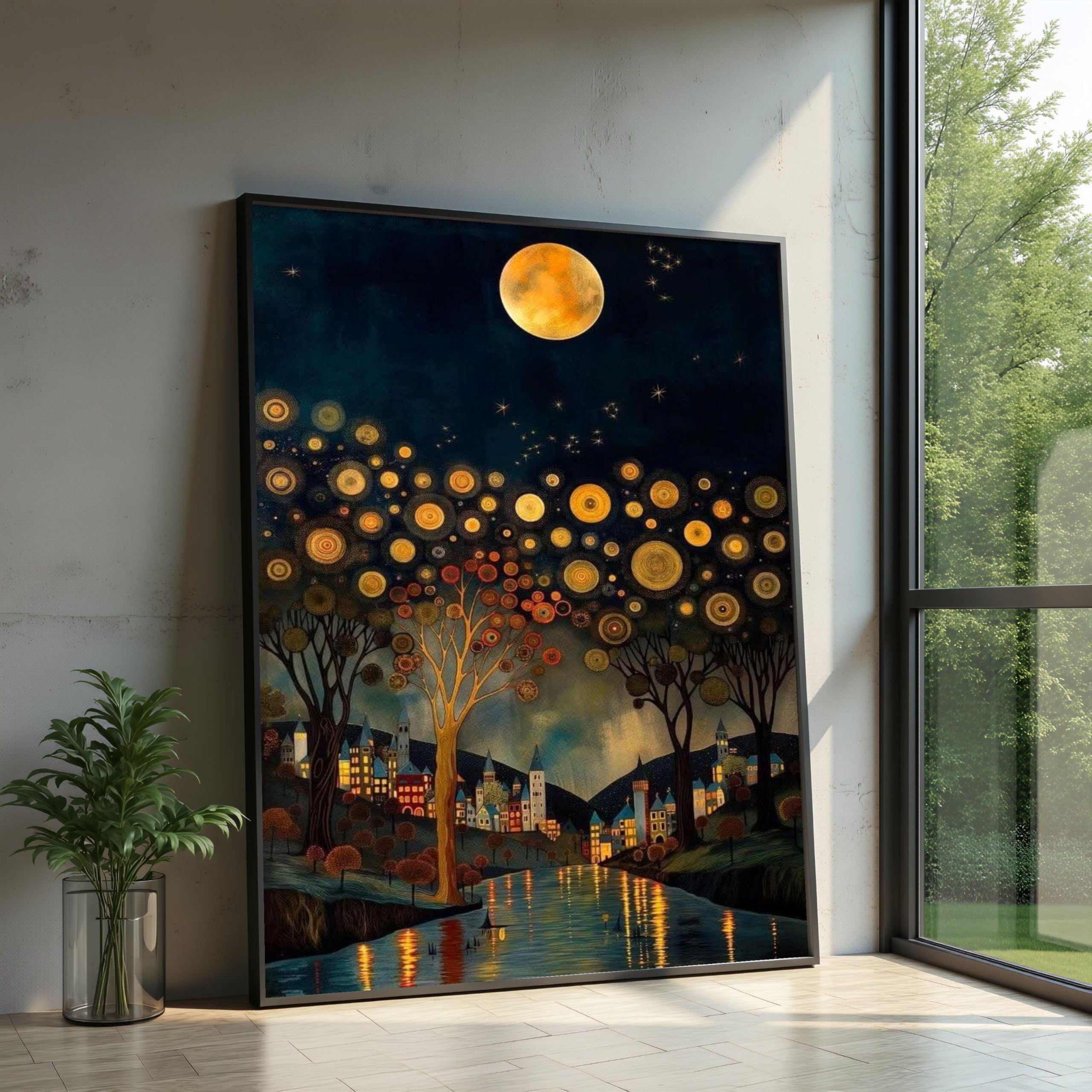 XINBAO Nocne niebo w stylu vintage, oświecony księżyc scena wioska artystyczna sylwetka drzewa odbicie rzeki obrazy dekoracyjne na ścianę (80 x 120 cm / bez ramki)