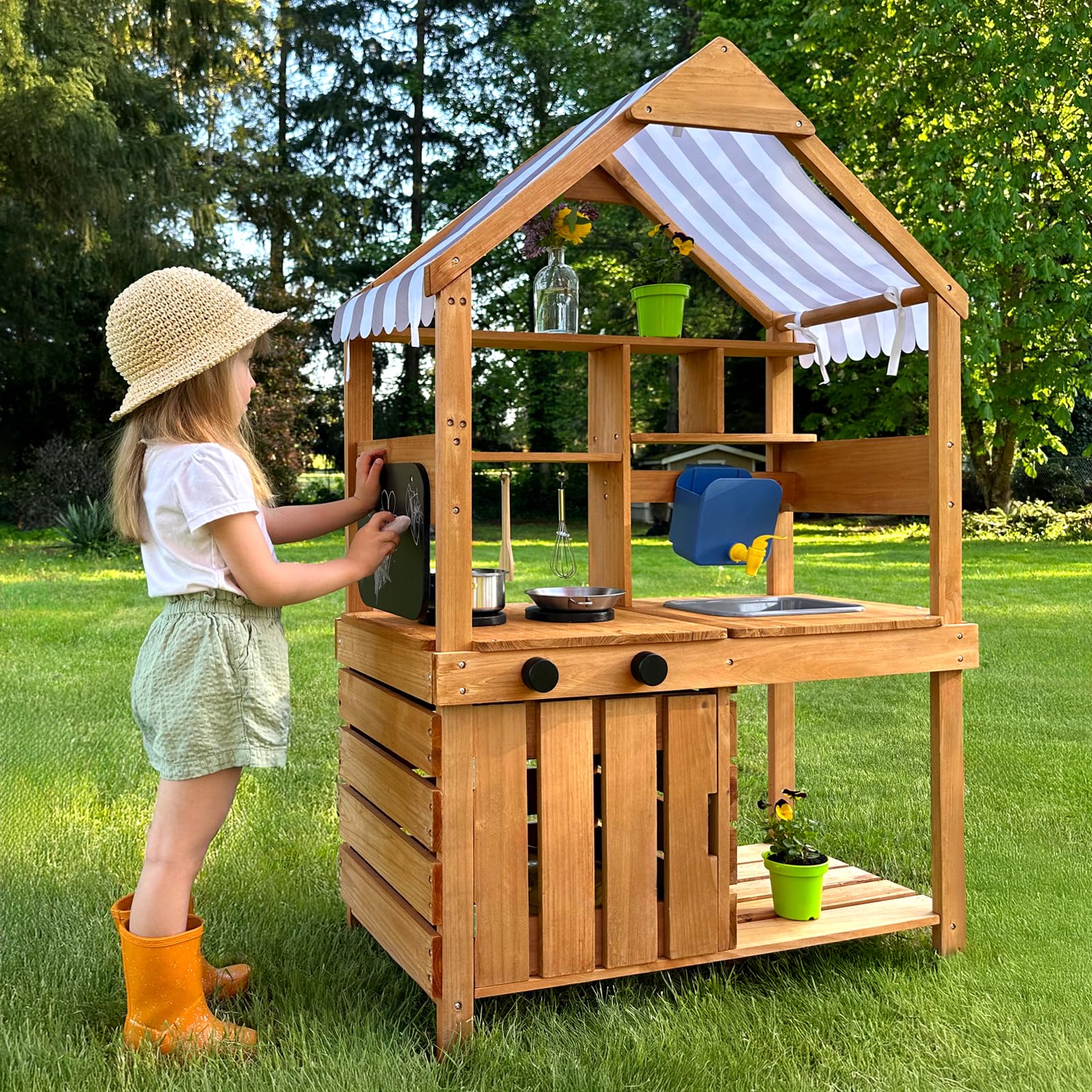 OOOK Outdoor Spielküche, Große Matschküche Outdoor aus Holz, Gartenspielküche mit Gartenspüle, Töpfen, Herd, Pflanztöpfe und Gartenwerkzeugen, Spielzeugküche für Kinder 3+