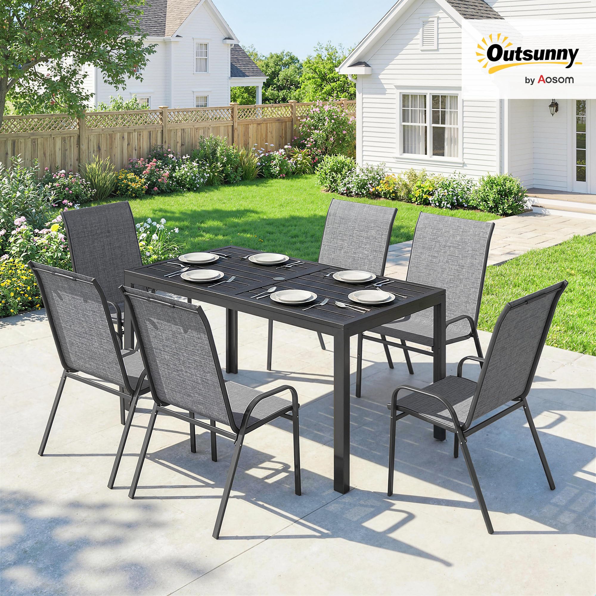 Outsunny Conjunto de Mesa y Sillas Jardín de 7 Piezas, Muebles Jardín Exterior con Mesa Metálica Efecto Madera con Agujero, 6 Sillas Apilables Transpirables, Marco de Acero Resistente, Gris Mixto