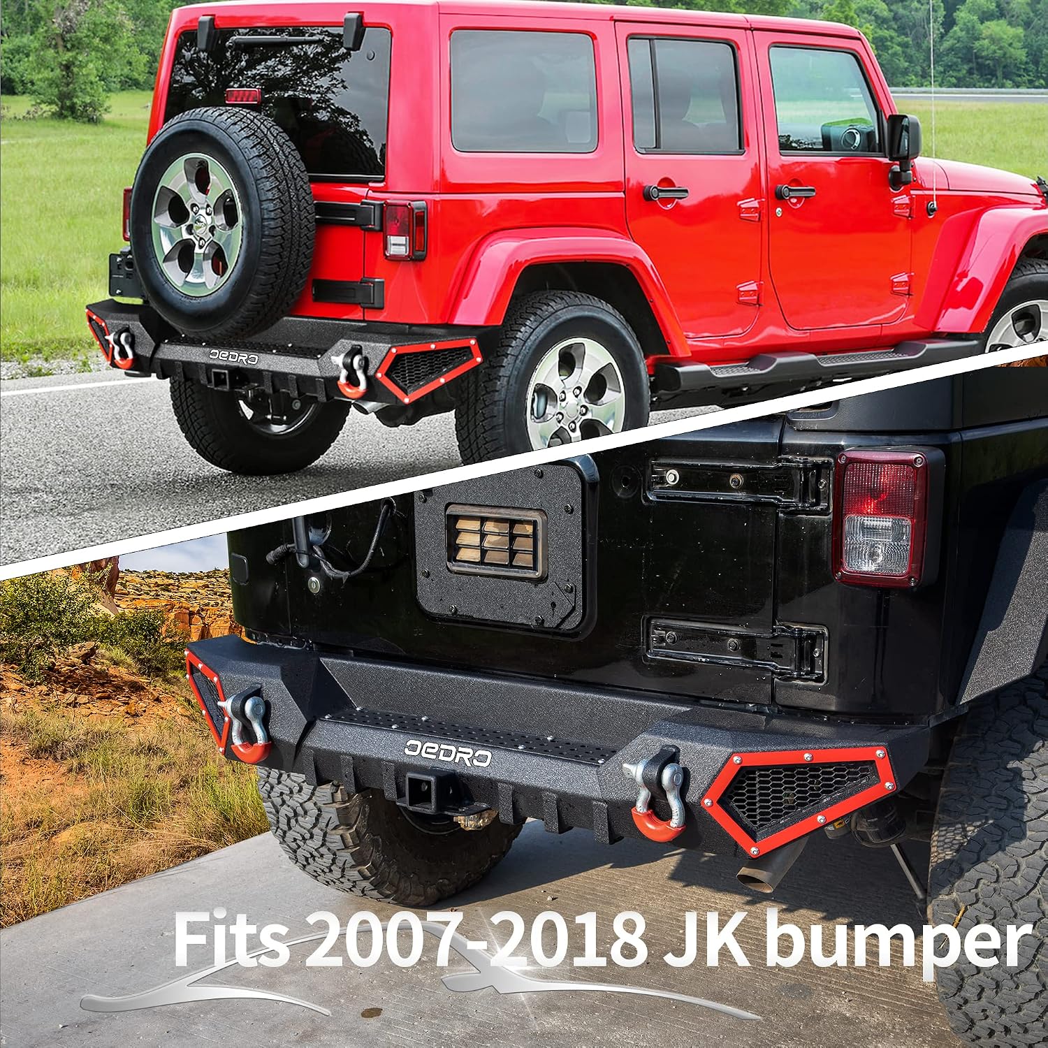 OEDRO Off Road Rear Bumper Combo Compatible with 2007-2018 Jeep Wrangler JK & JKU Unlimited (2/4 Doors), Full Width Back Bumper with Hitch Receiver & 2 x D-Rings