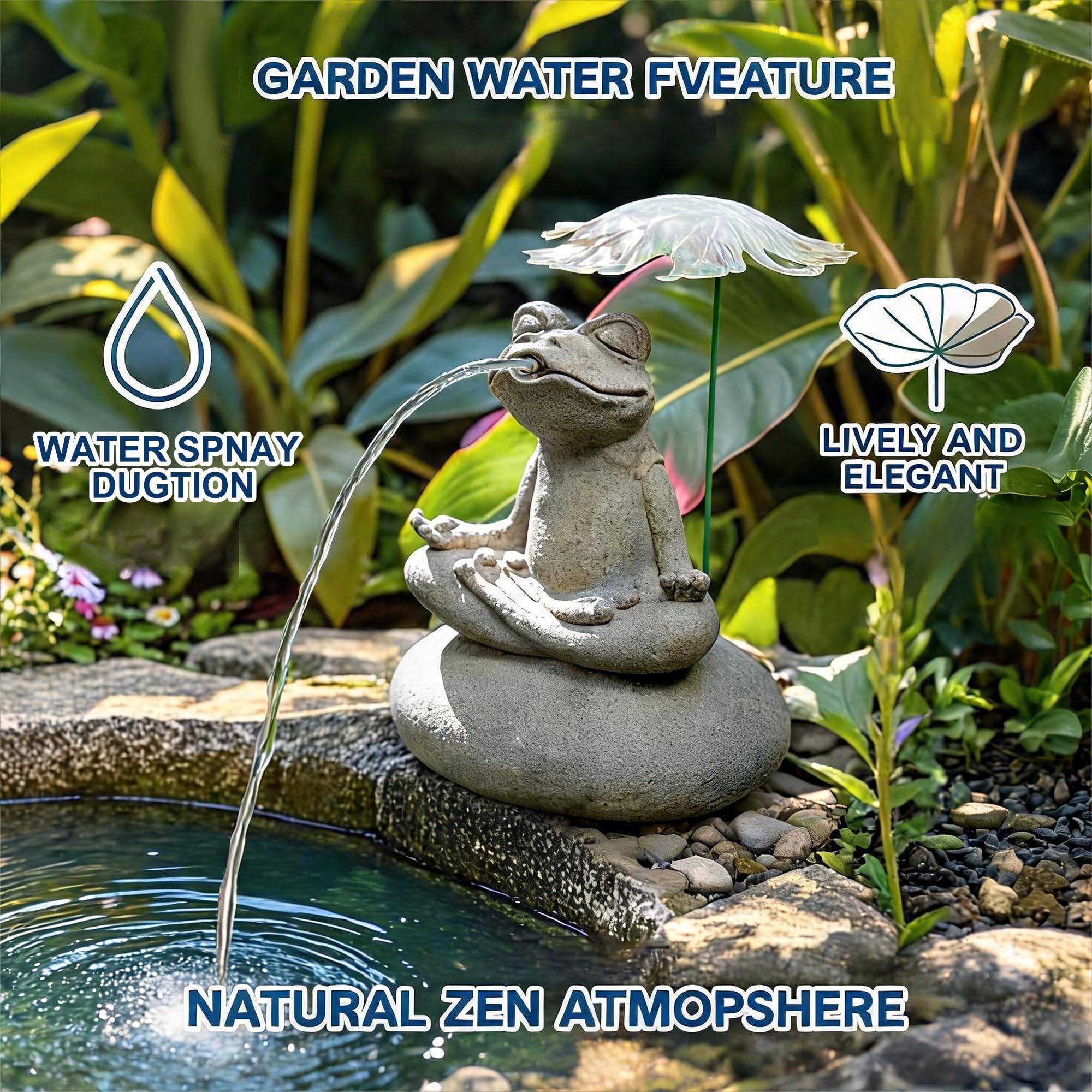 Fontana a zampillo per laghetto con pompa, Elemento d'acqua decorativo da esterno in pietra artificiale per laghetti Koi, giardini, patii e decorazioni da tavolo(30x22x43cm)