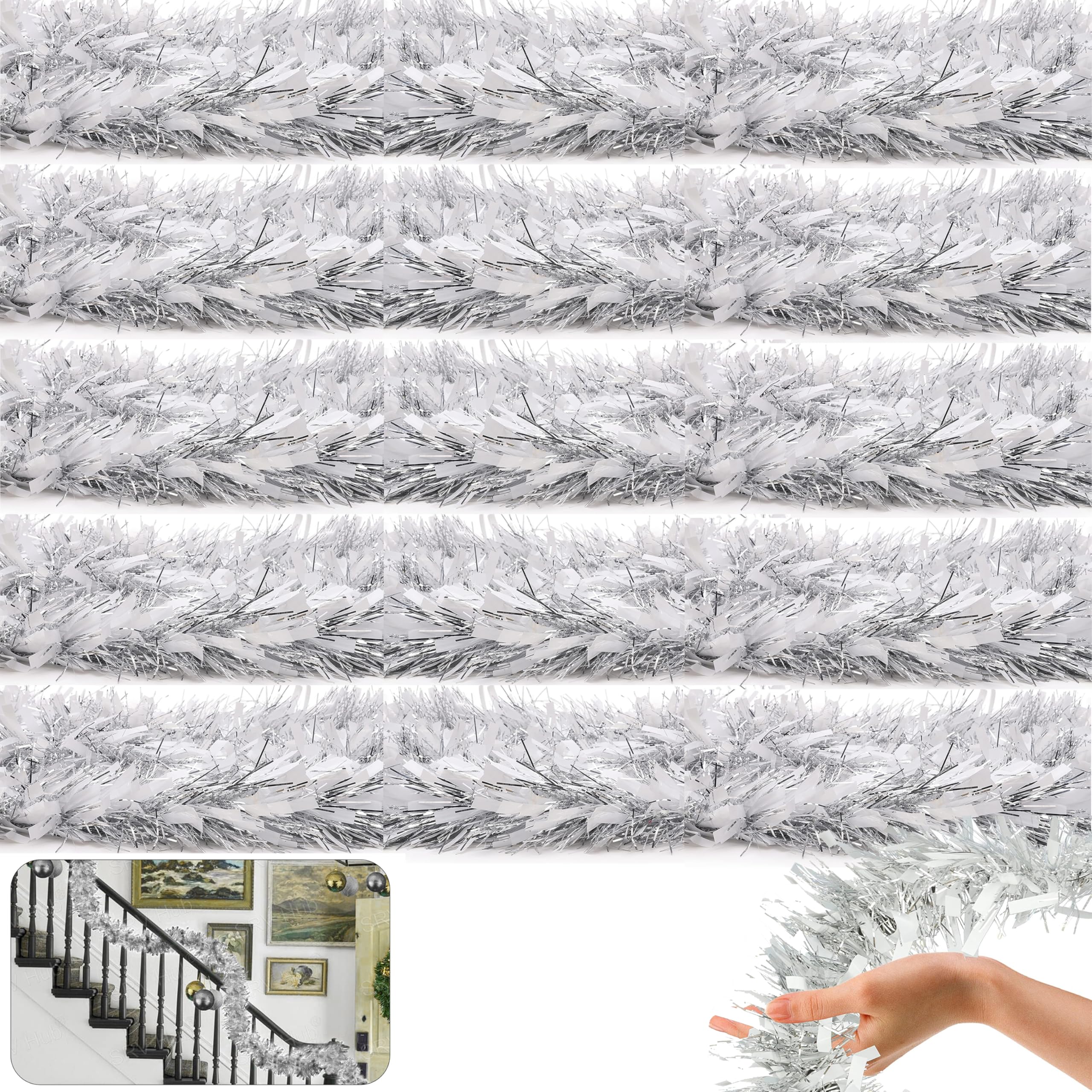 HOVUK® 5PCs Silver/White Chunky Tinsel Garlands Total 10M, White Garland Christmas Tree Decoration