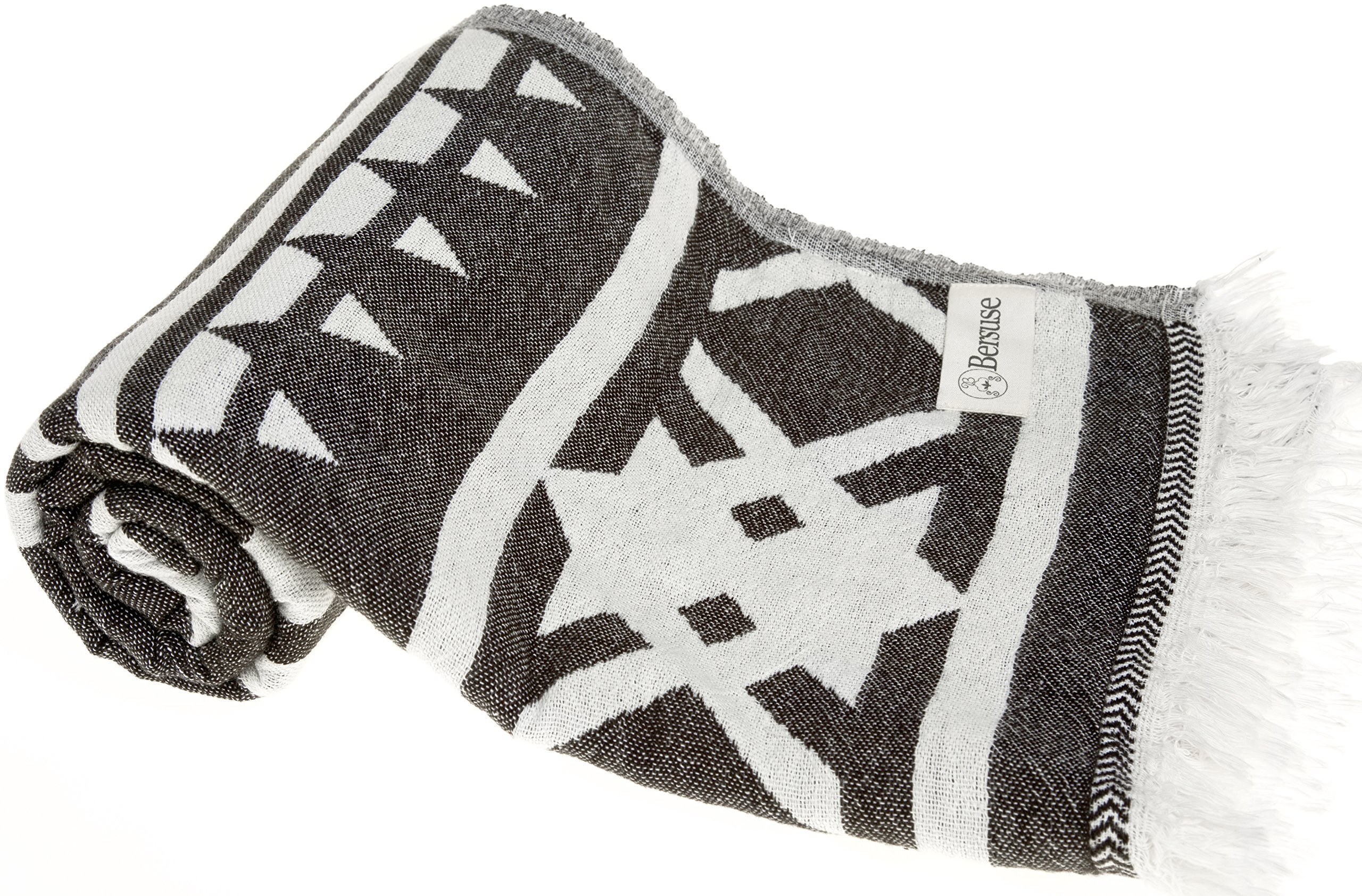 Bersuse 100% Coton - Cozumel Serviette Turque - Drap de Bain, Serviette de Plage - Fouta Peshtemal avec Motif Aztèque - Double Couche - 100x180 cm, Noir