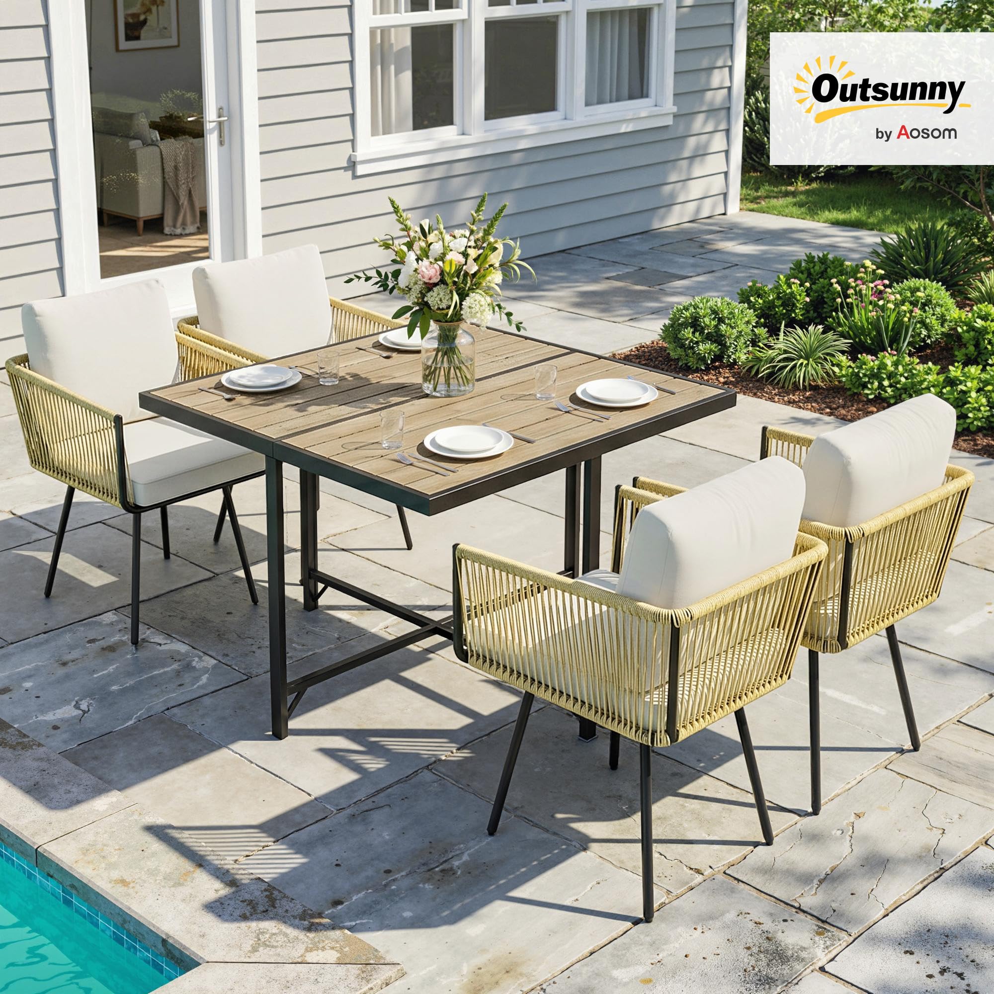 Outsunny Set Tavolo e Sedie da Giardino in Rattan 5 Pezzi, Pranzo Esterno con Tavolo Effetto Legno, Cuscini Lavabili, Salvaspazio