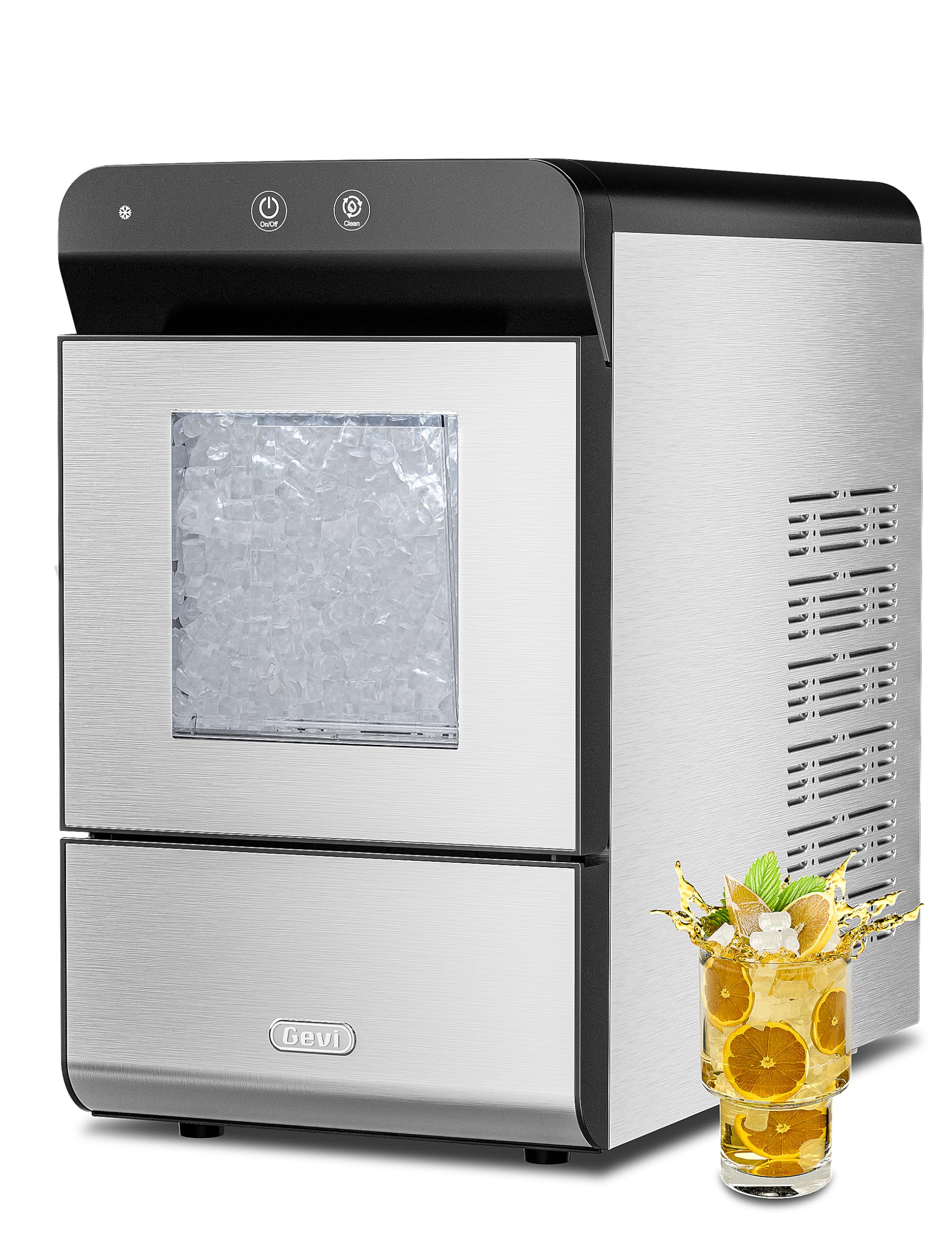 Gevi Household V2.0 Countertop Gemi Nugget Ice Maker with Viewing Window | Self-Cleaning Pebble Ice Machine | Open and Pour Water Refill | Stainless Steel Housing | 16.7''H Fits Under Wall