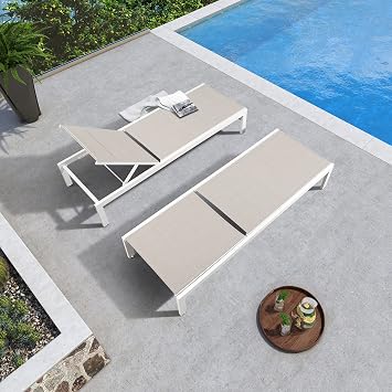 Ulax furniture Outdoor Lounge Chair, Aluminum Chaise Chair, Adjustable Lounger Recliner with Wheels and Padded Quick Dry Foam for Patio (2 x Chair, Beige)
