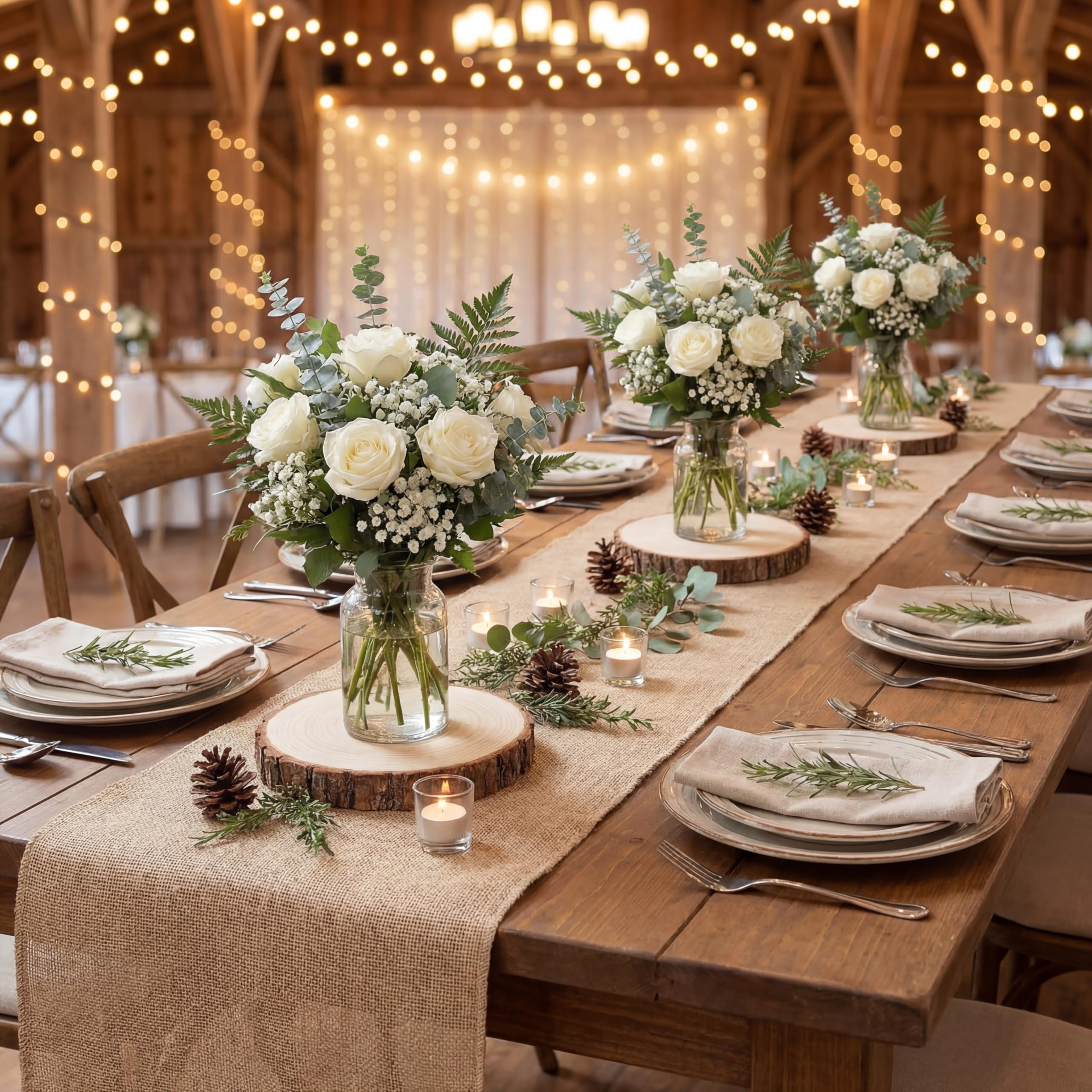 Chemin de table rustique en toile de jute avec centre de table en bois pour fete prenatale et cafe