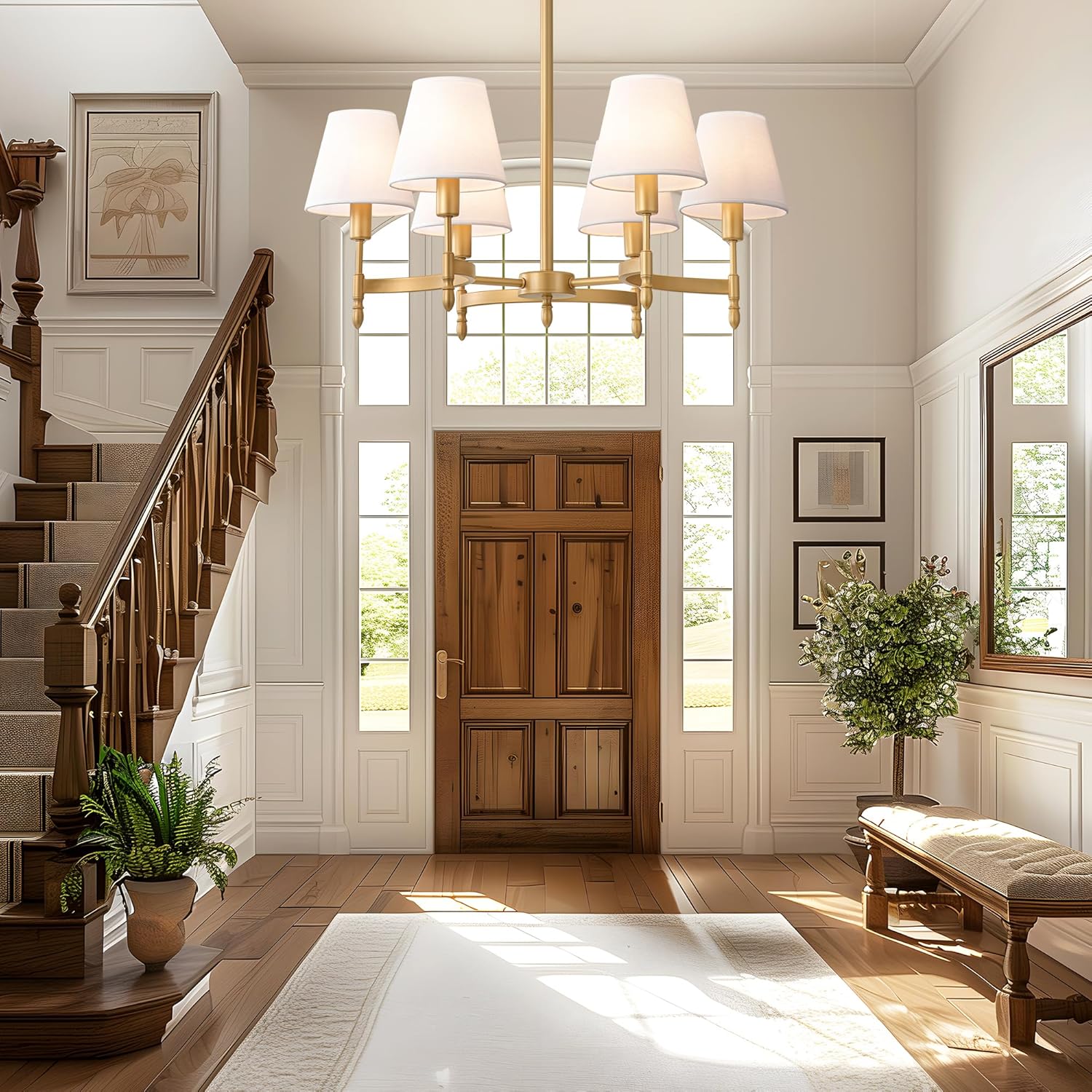 27'' Farmhouse Gold Chandeliers for Dining Room Light Fixtures, 6-Light Modern White Fabric Pendant Light Fixture Adjustable Industrial Chandeliers for Living Room Kitchen Entryway Foyer