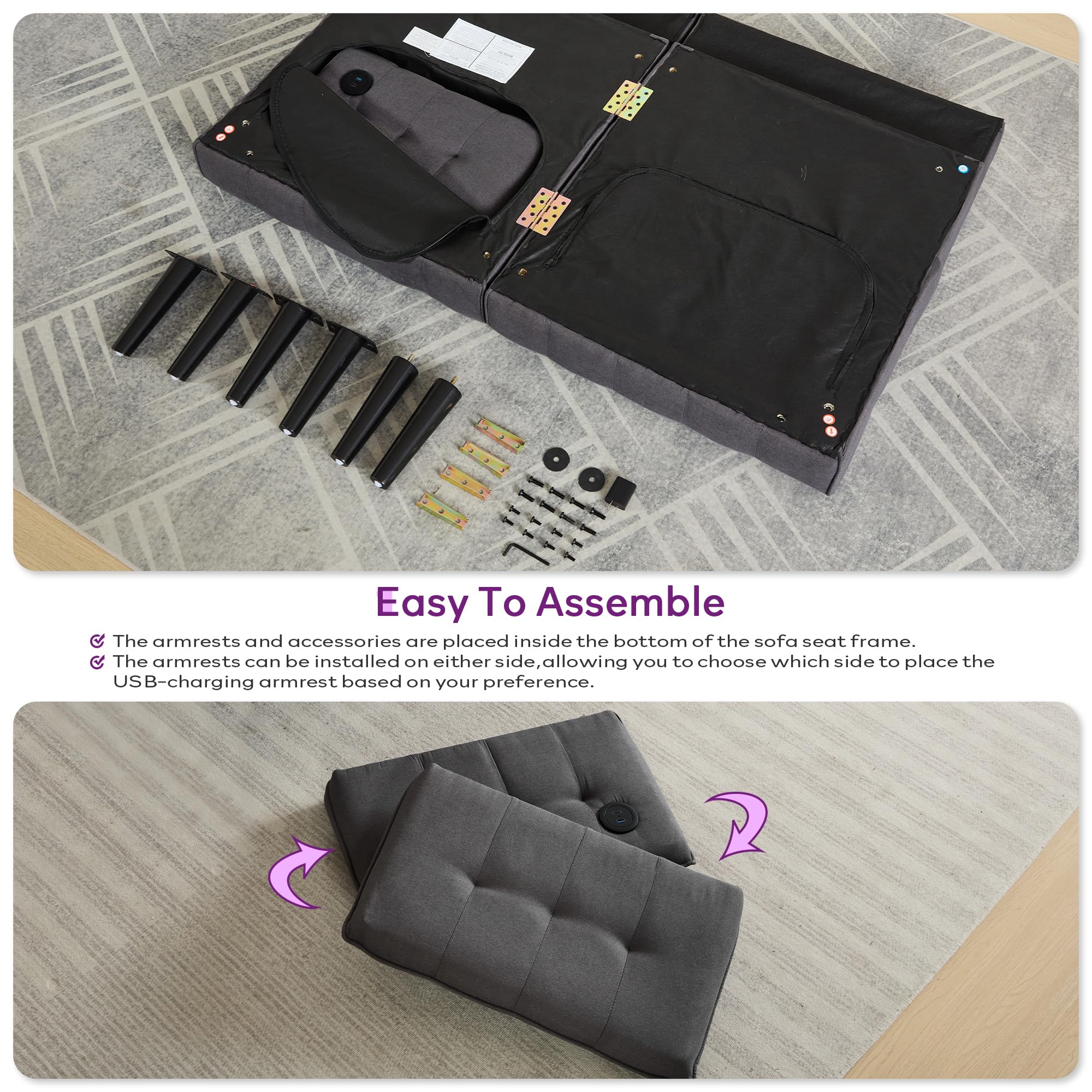 65'' Convertible Futon Sofa Bed with USB, Small Couch for Living Room | Sleeper Sofa, Adjustable Folding Couch with Tufted Design and 2 USB Ports, Bedroom Apartment Office, Dark Grey