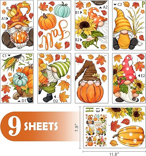Miniatura 2 de Mfault Gnomo de feliz otoño para ventana, 9 hojas, cosecha de otoño, calabaza, girasol, granja, calcomanías decorativas, hojas de arce, Acción de