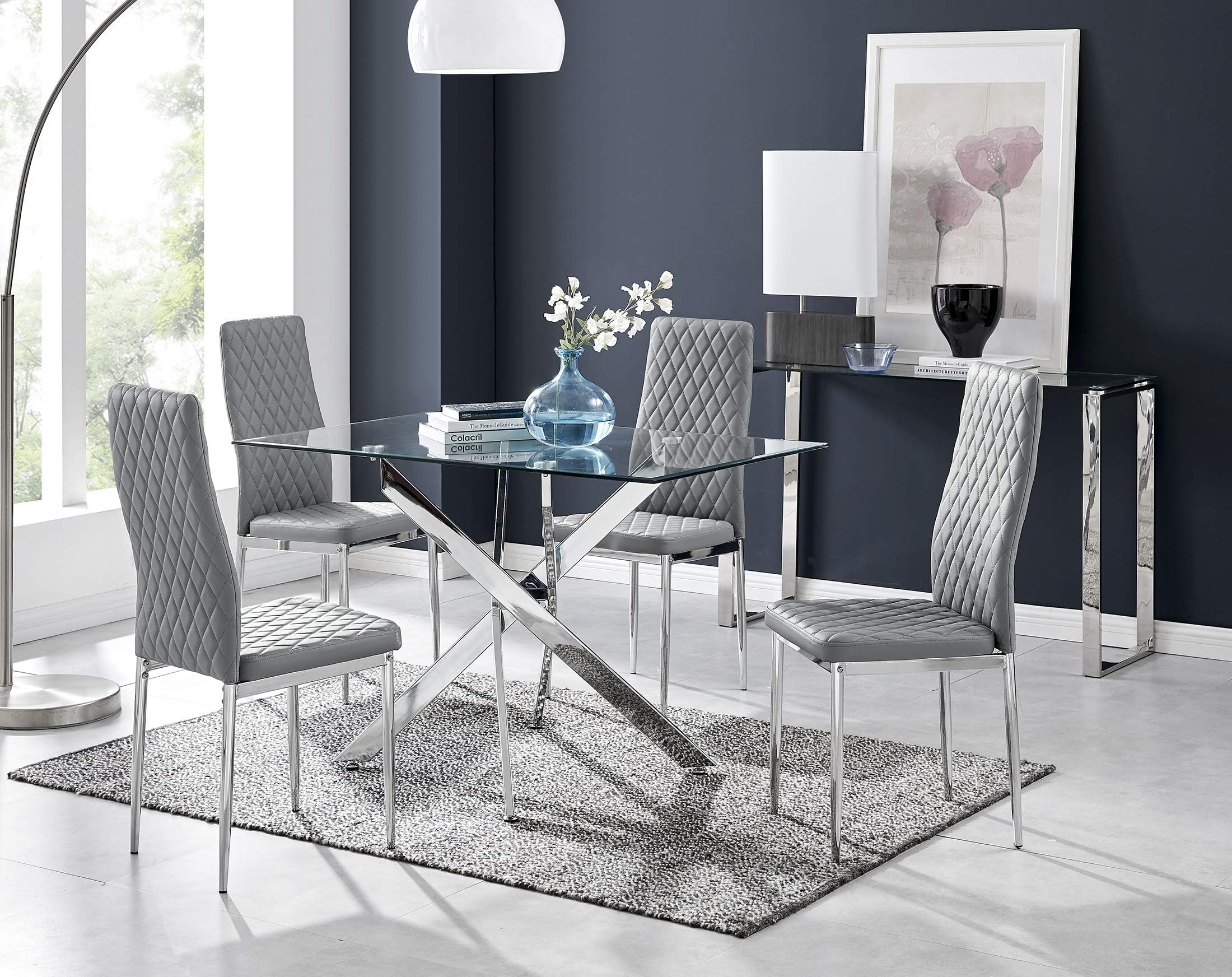 Furniturebox UK Leonardo 4 Clear Glass and Chrome Metal Modern Stylish Dining Table and 4 Luxury Stylish Milan Dining Chairs Set (Dining Table + 4 Elephant Grey Milan Chairs)