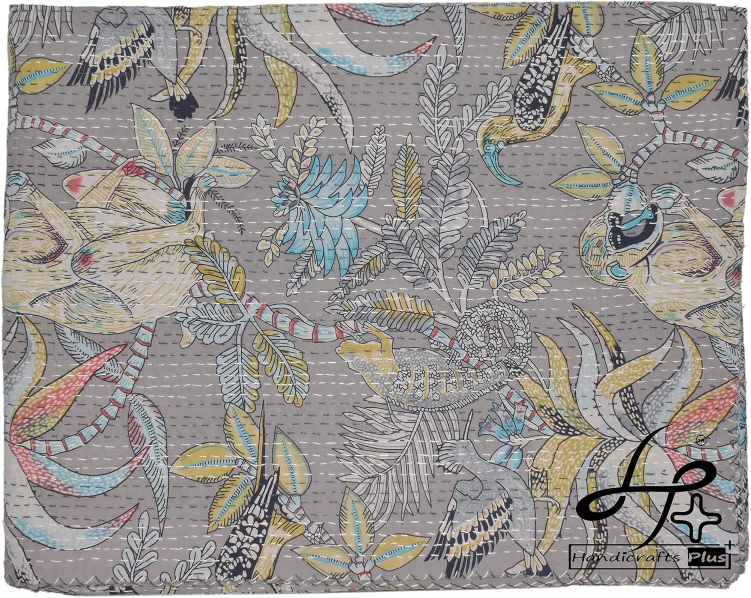 New Kantha Quilt Blankets Cotton Bedcover Multicolor Coverlets MonkeyPrint Gudari King Size Bedspread 90X108 New Bedsheet (Brown)