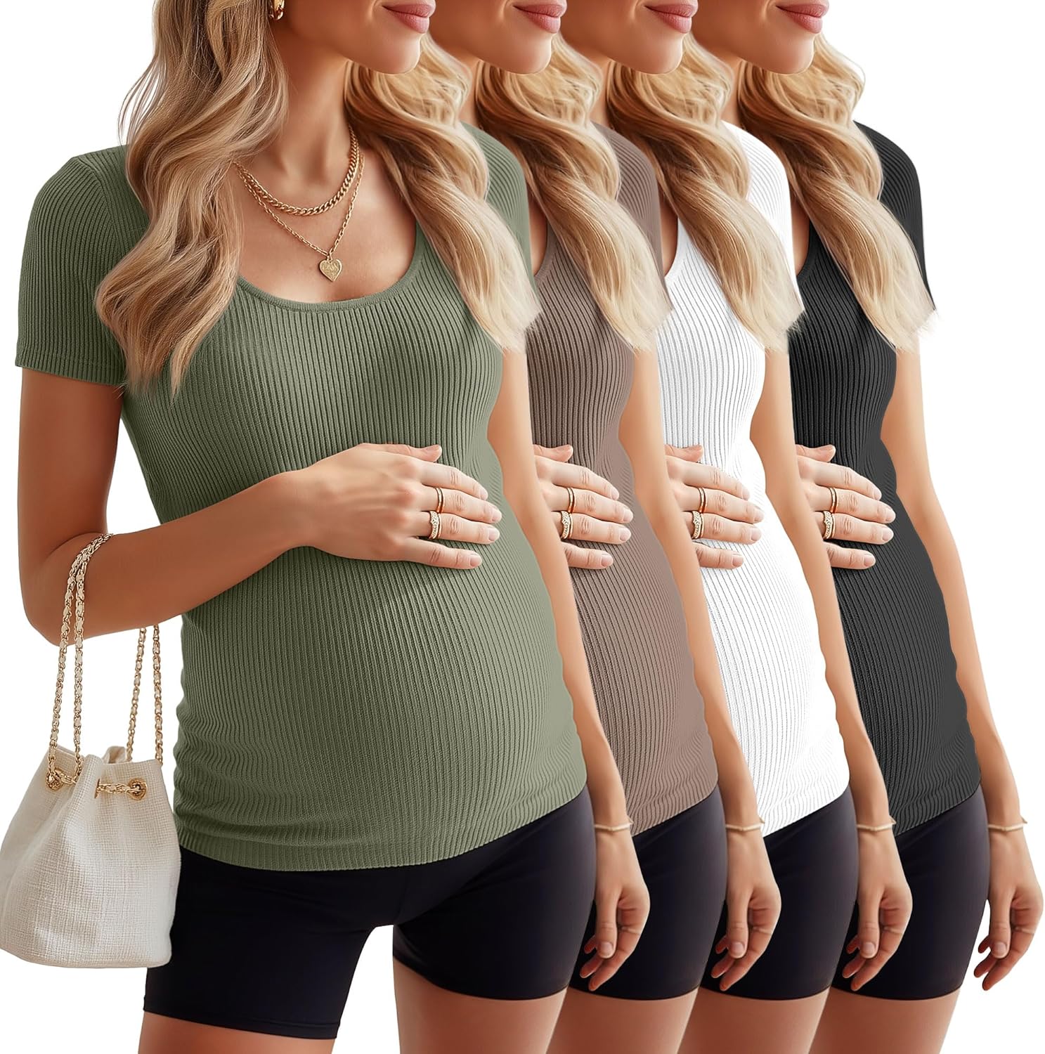 4 Pack Women's Maternity Shirts Ribbed Knit Pregnancy Short Sleeve Tops Crew Neck Tunic Tees Casual Summer Clothes