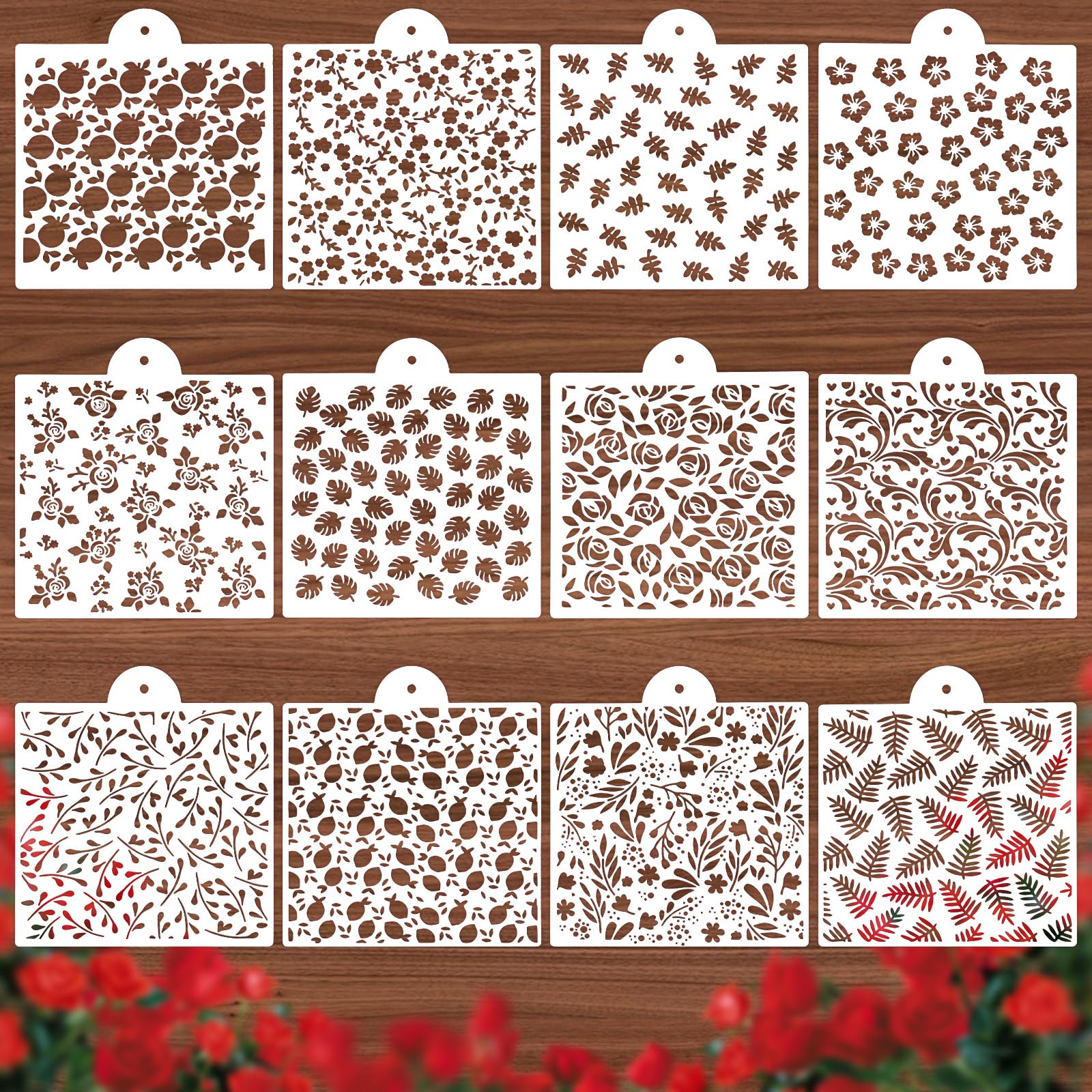 12pcs Cookie Stencils Baking Stencil for Royal Icing, Leaf Stencils Airbrush Flower Rose Hibiscus Vine Stencil Templates, Craft Painting Stencilfor Cake