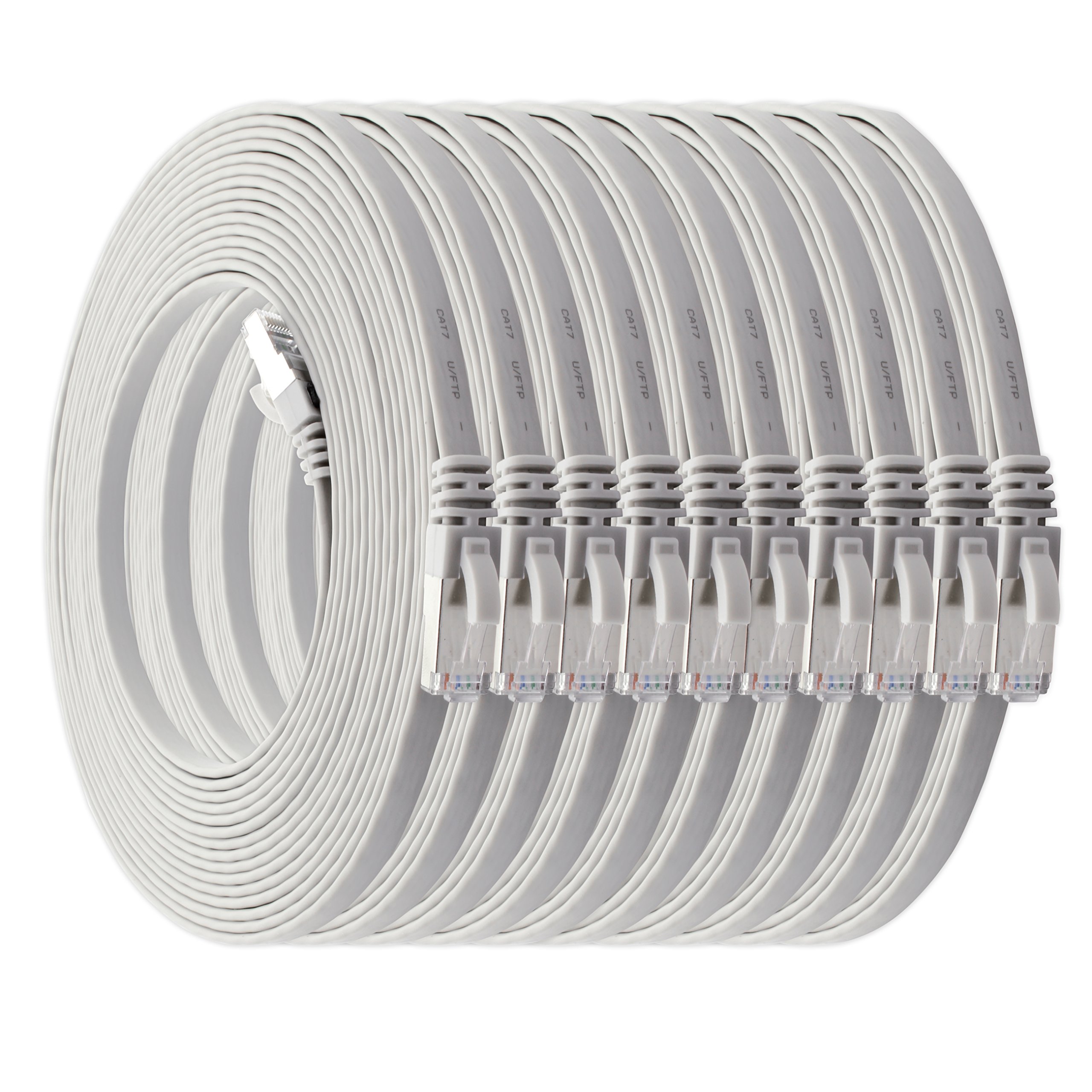 1aTTack.de 0,5m - weiß - 10 Stück Cat7 Flachkabel Netzwerkkabel Cat 7 Rohkabel Gigabit Lan (10Gbit/s) Flachbandkabel Verlegekabel Patchkabel Flach Slim Rj 45 Stecker Cat6a