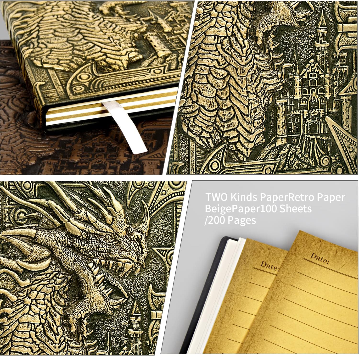 DND Dungeon and Dragon Notebook 3D Embossed Leather Dragon Journal with Black Ballpoint Pen &Pen Sleeve,A5 Vintage Travel Diary D&D Writing Notebook for Hardcover Journal Women&Men (Bronze)