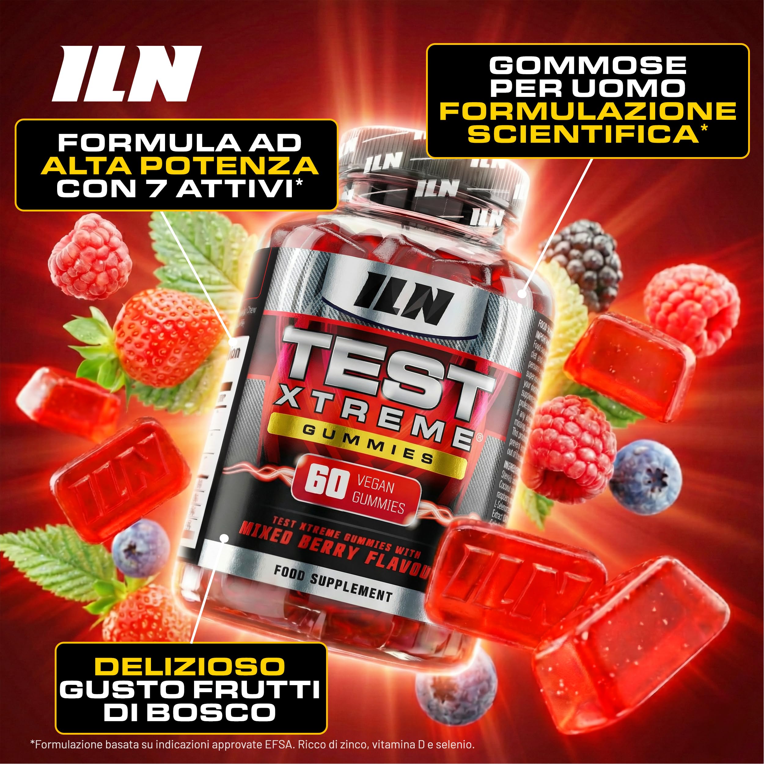 Test Xtreme Gommose Uomo - Maca 30:1, Ginseng, Zinco - Senza Zuccheri, Gusto Frutti di Bosco - 60 Gommose Vegane