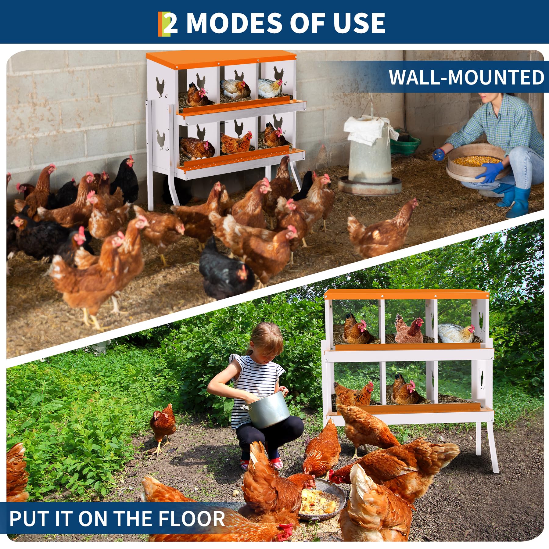 Garvee Nido per Galline Ovaiole a 6 Scomparti, Cassetta Nido in Acciaio Zincato con Supporto e Vassoio Estraibile, Design Roll-away per Raccolta Uova Sicura, Antiruggine e Durevole, Arancione