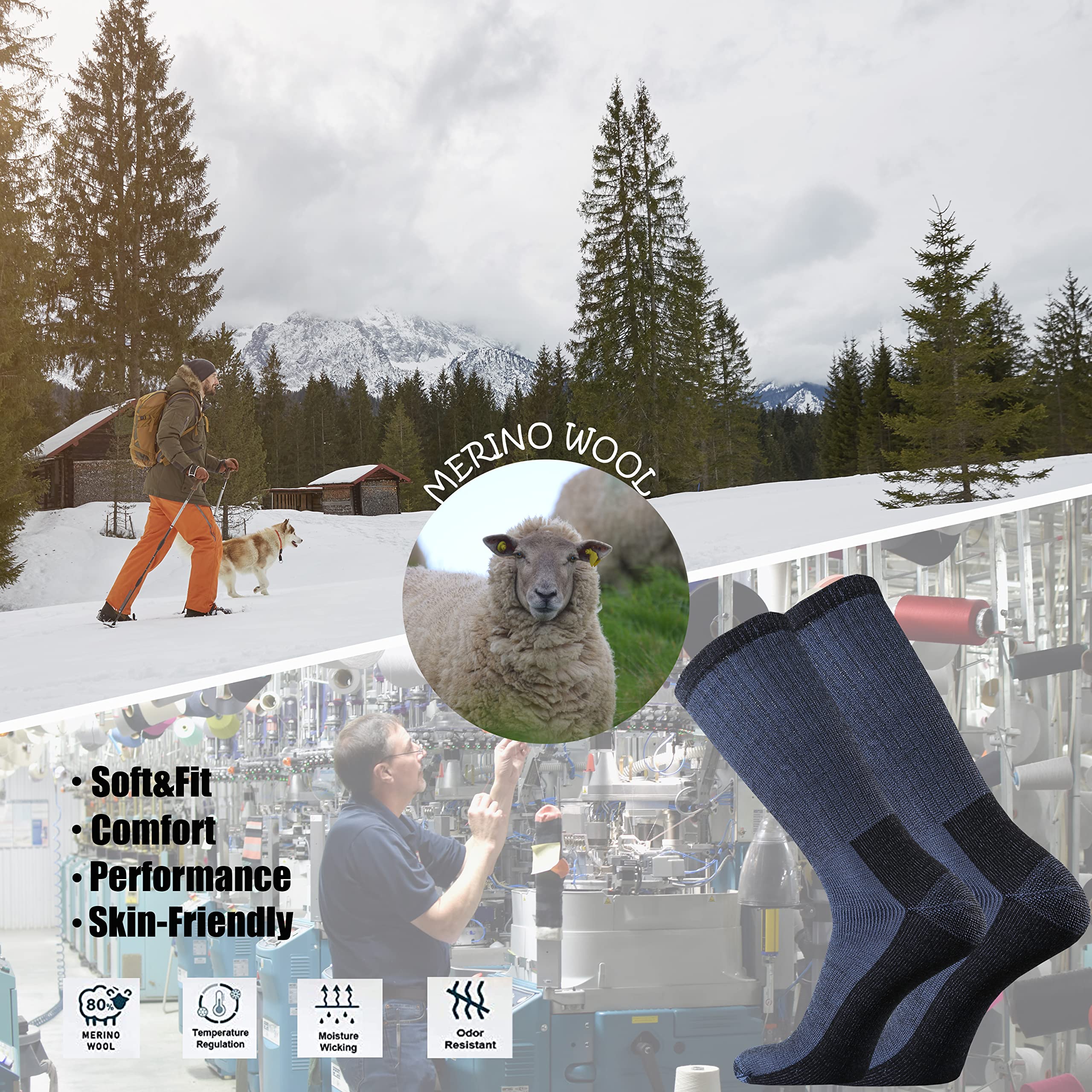 Ortis Merino Wool Moisture Wicking Outdoor Hiking Cushion Crew Socks for Men 4 Pack(NavyBlue L)