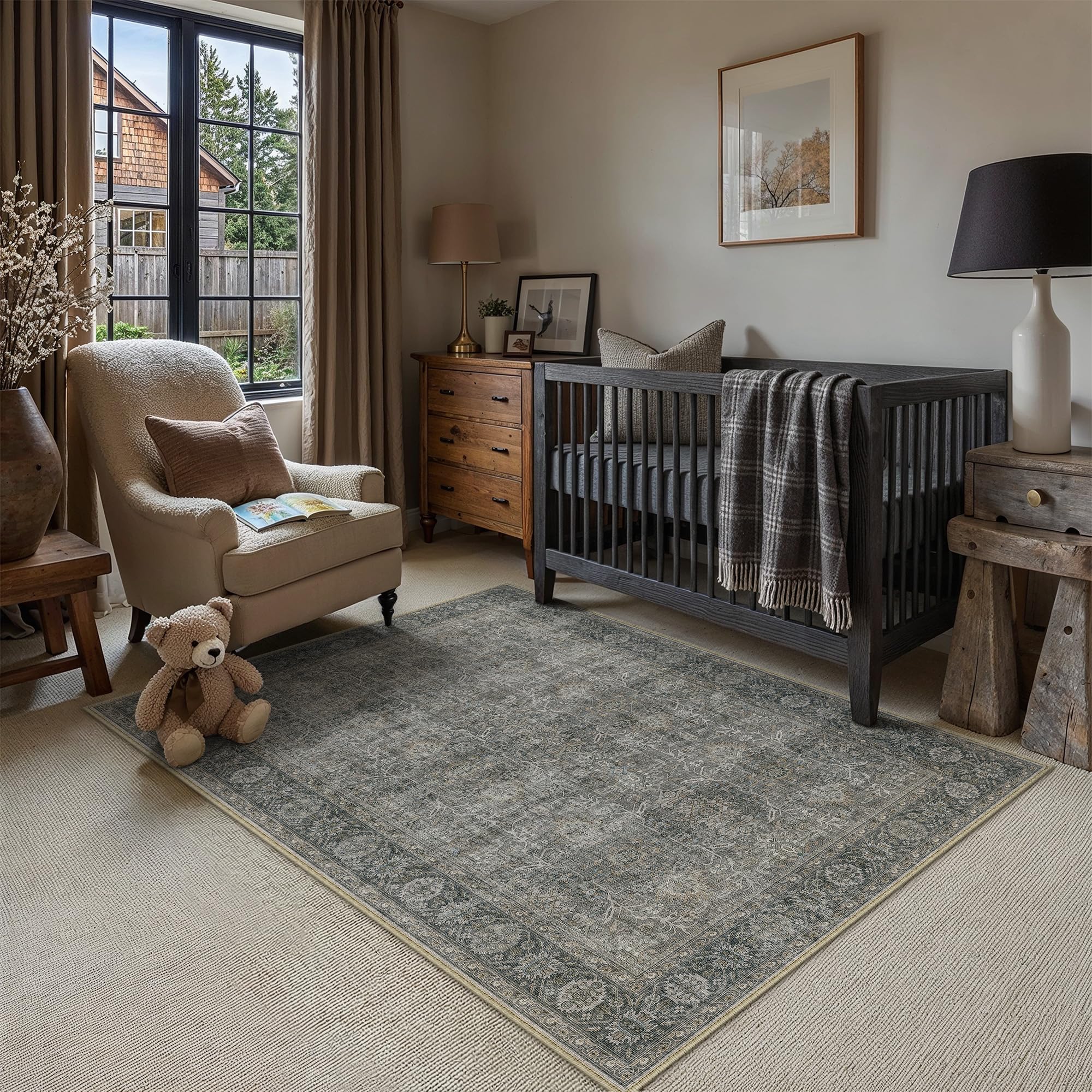PureCozy Vintage Area Rug 4x5 Grey Brown Entryway Office Washable Carpet Non Slip Bedroom Indoor Living Room Door Mat Low Pile Traditional Distressed Retro Accent Rug for Dining Room Bathroom Kitchen — image 1