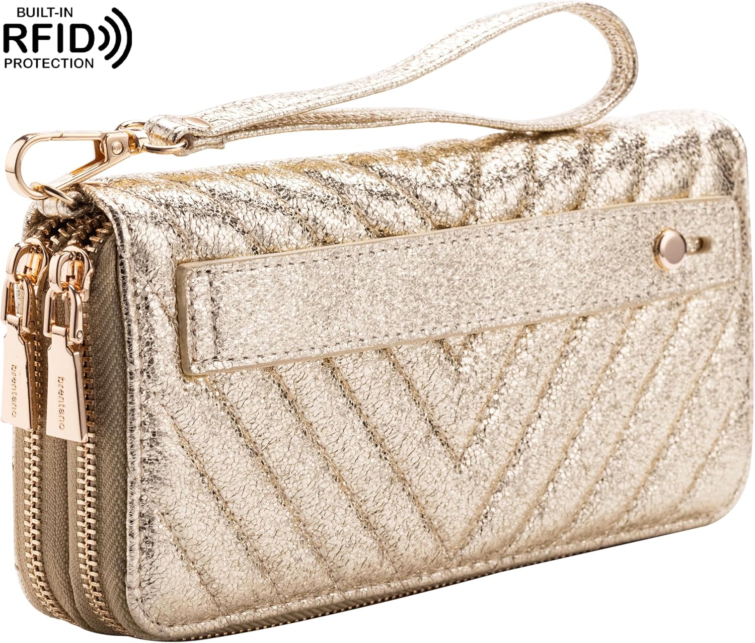 B BRENTANO Vegan Leather Double Zipper Pocket Wallet with Grip Hand Strap (GOLD GLITTER) - Image 3