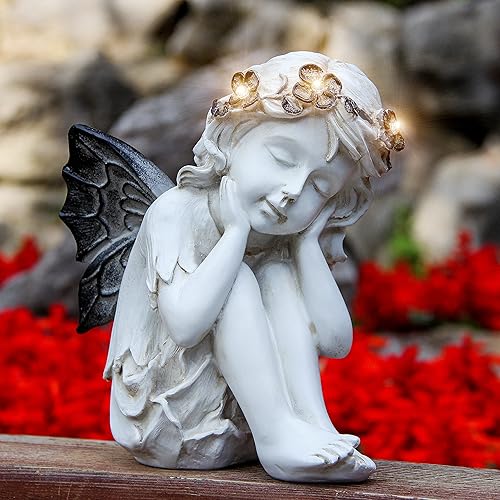 Miniatura 7 de Leekung Escultura de resina blanca marfil, figura de ángel con luces solares para decoración al aire libre, decoraciones de jardín y regalos