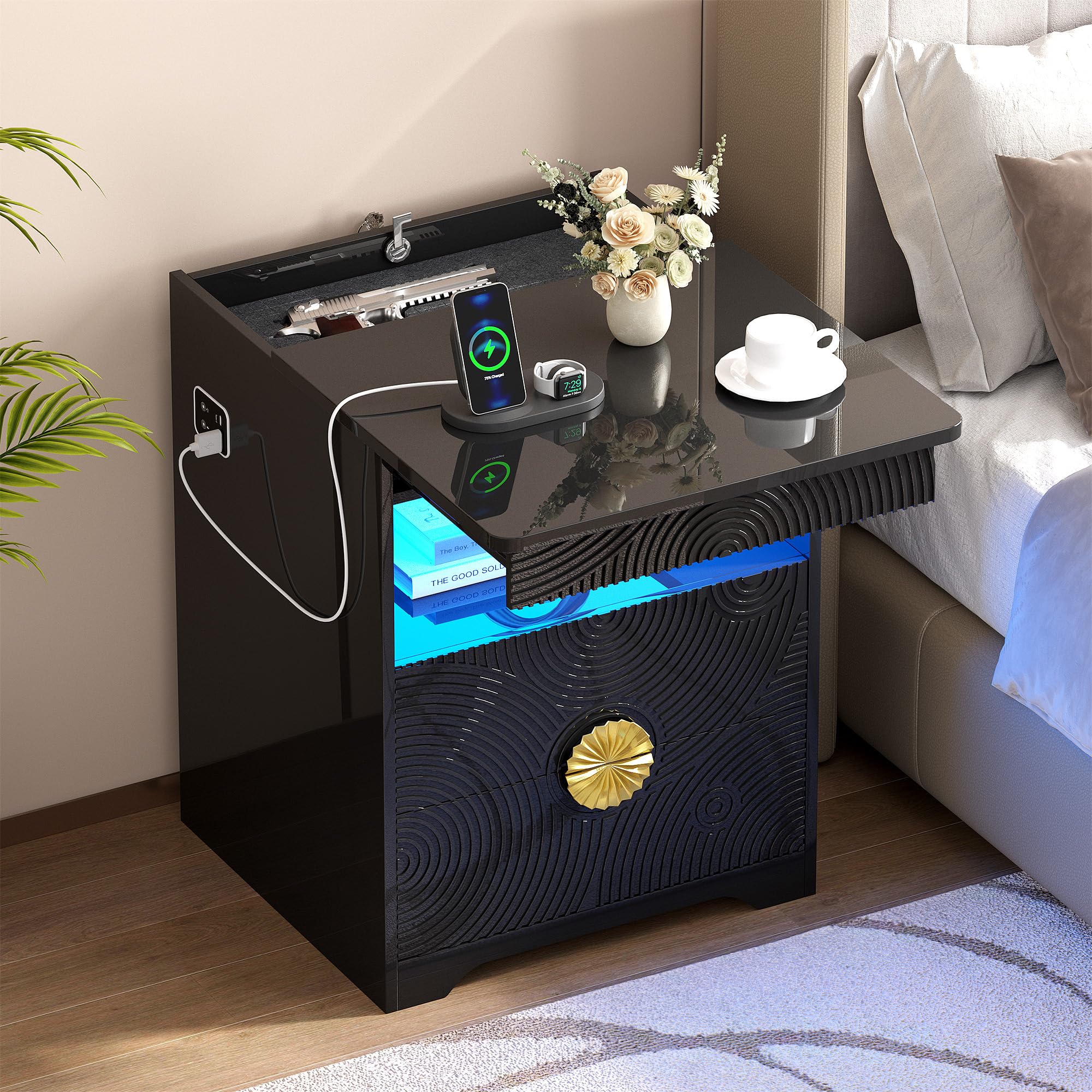FREDEES LED Night Stand with Gun Drawer &amp; LED Light