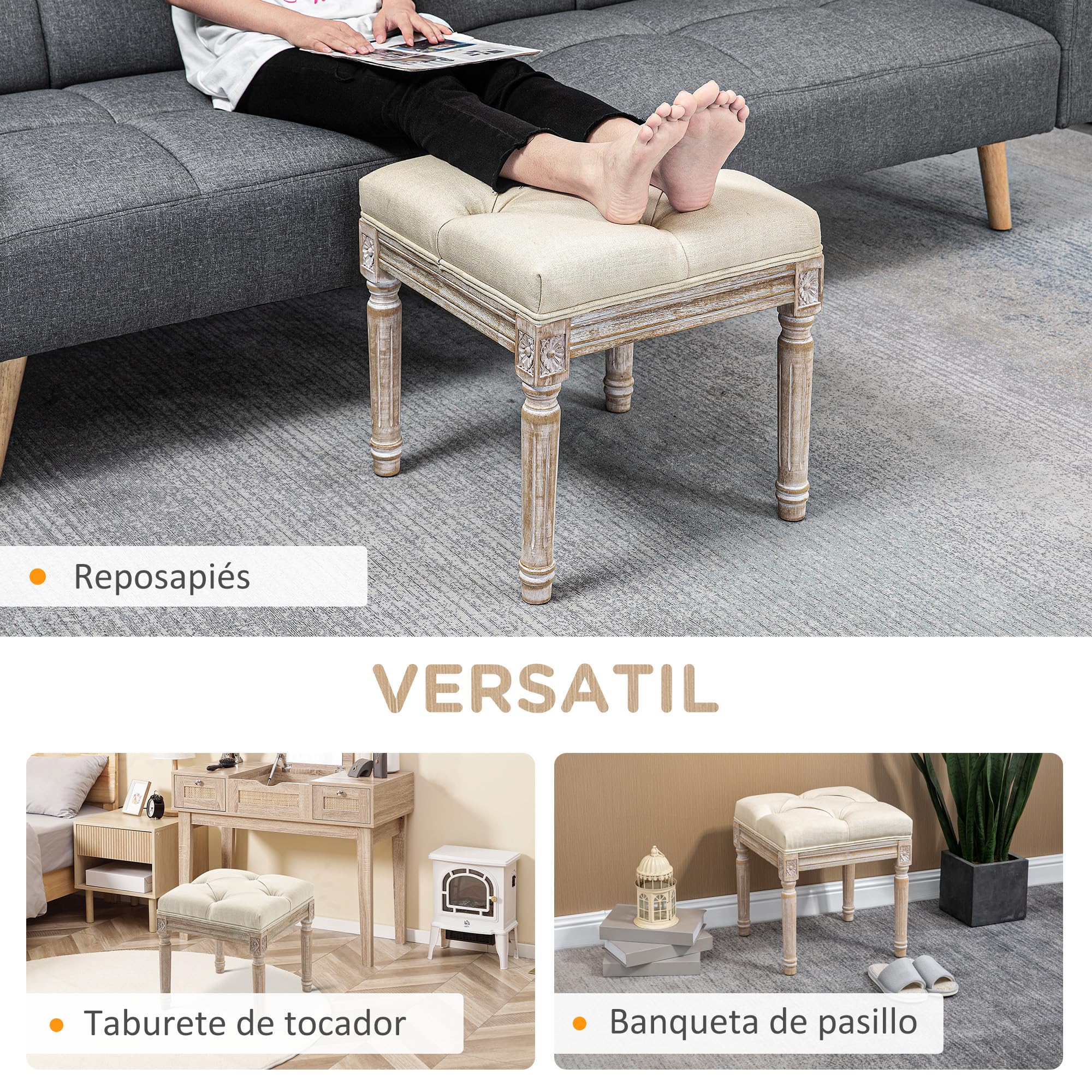 HOMCOM Tabouret pied de lit avec pieds en bois et siège rembourré Charge 120 kg Banquette de chambre pour entrée couloir 40 x 40 x 43 cm Beige
