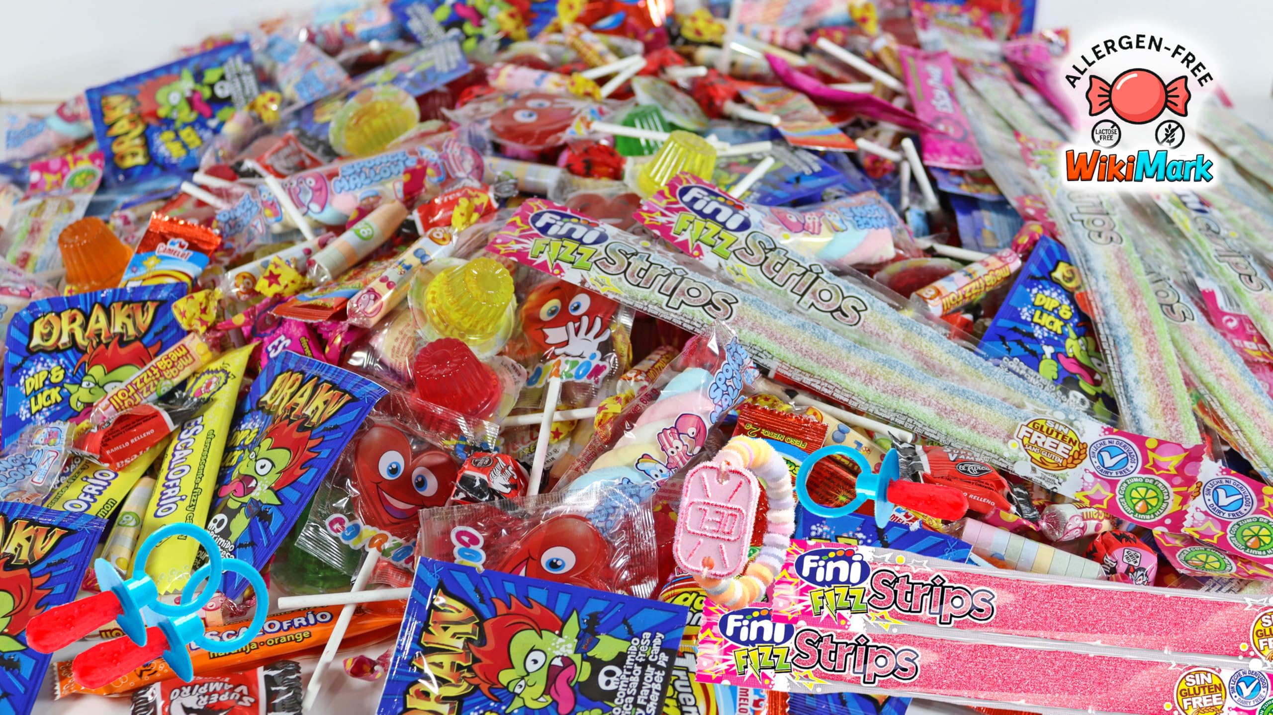 Megabox mit 110 Süßigkeiten ohne Allergene, Bonbons und Bonbons – perfekt für Geburtstage, Partys, Weihnachten, Halloween. Glutenfrei und laktosefrei. Enthält Erdbeerzungen.