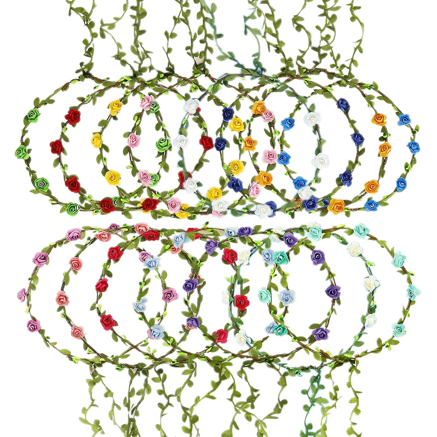 FUGZAUD 15 Pack Flower Crown Headbands - Assorted Multicolor Rose Wreaths, Bendable Bohemian Headpieces for Weddings, Festivals, Parties & Vacations