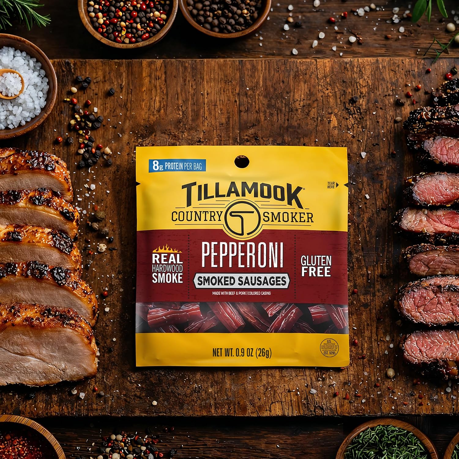 Tillamook Country Smoker Pepperoni Smoked Sausages, 0.9 oz, 24 Count, Made with Beef & Pork, Real Hardwood Smoked, Protein-Packed, Satisfying Taste, On-the-Go Snacking