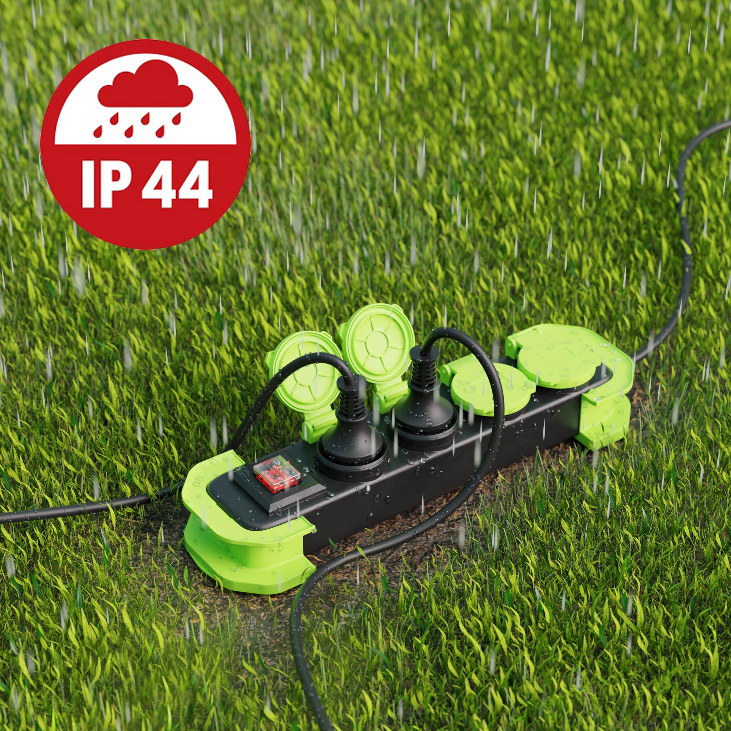 MutecPower Multiprise 4 Prises IP44 Prise Multiple avec Interrupteur, multiprise Exterieur Etanche, Prises à Contact de Protection avec couvercles et câble Enroulable 1.4m 16A/250V Noir/Vert