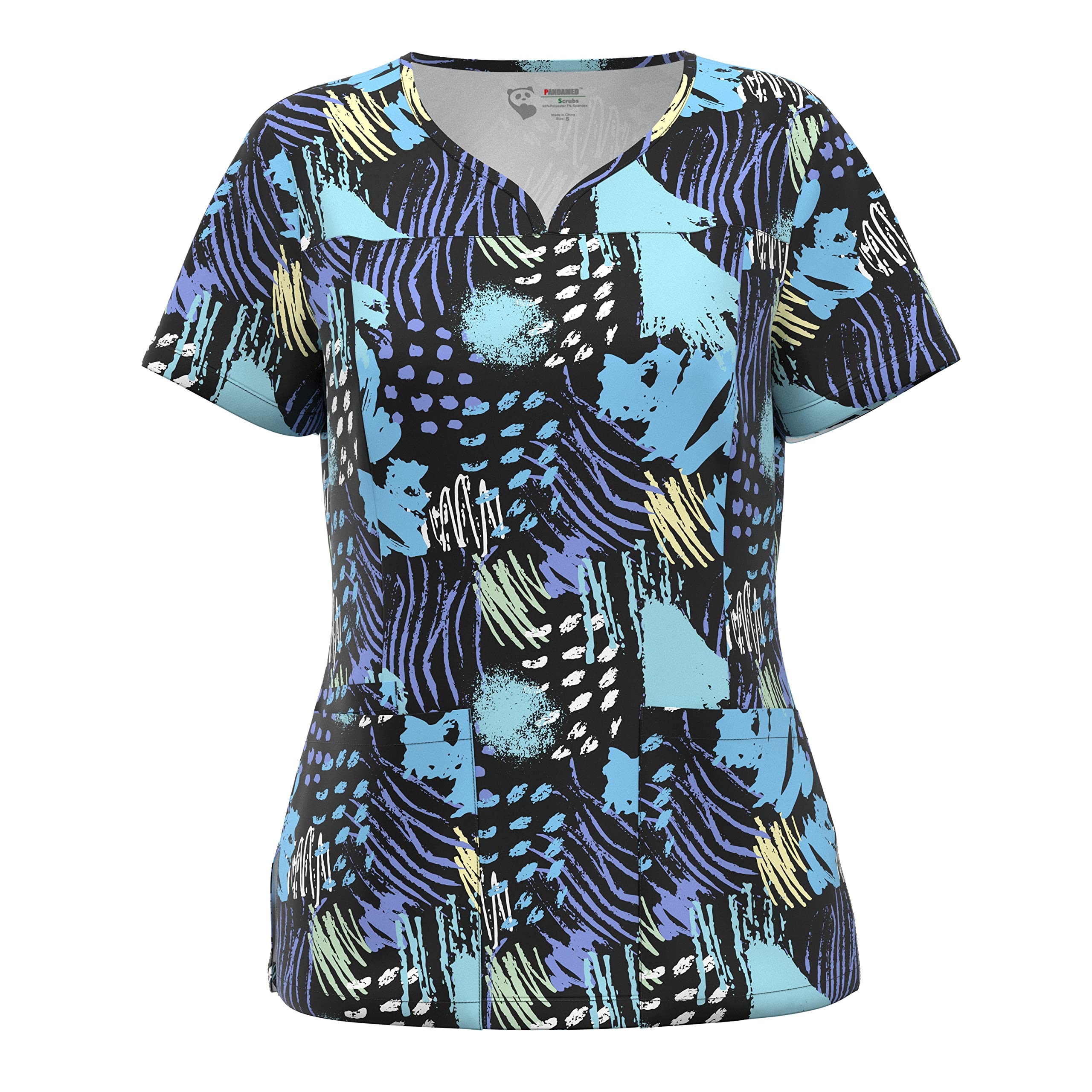 PANDAMED SCRUBSPrint Ombre Stretch Scrubs Top - Women Gradient Ramp Notch Neck Stretch Top PPS102 Ombre