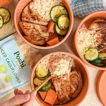 POSHI Riced Cauliflower | All Natural, Fully Cooked, Ready to Eat, Non-GMO, Low Calorie + Carb, Gluten Free, Vegetable Rice, Meals, On The Go, Plant-Based, Healthy, Veggies (7oz, 6 Pack)