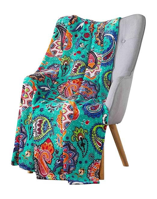 Paisley Boho Throw Blanket: Soft Plush Velvet Fleece with Bright Decorative Paisley Patterned Accent for Sofa Couch Bed Chair Dorm, Colored: Aqua Green Blue Red Black Orange White (Multi / Aqua Green)