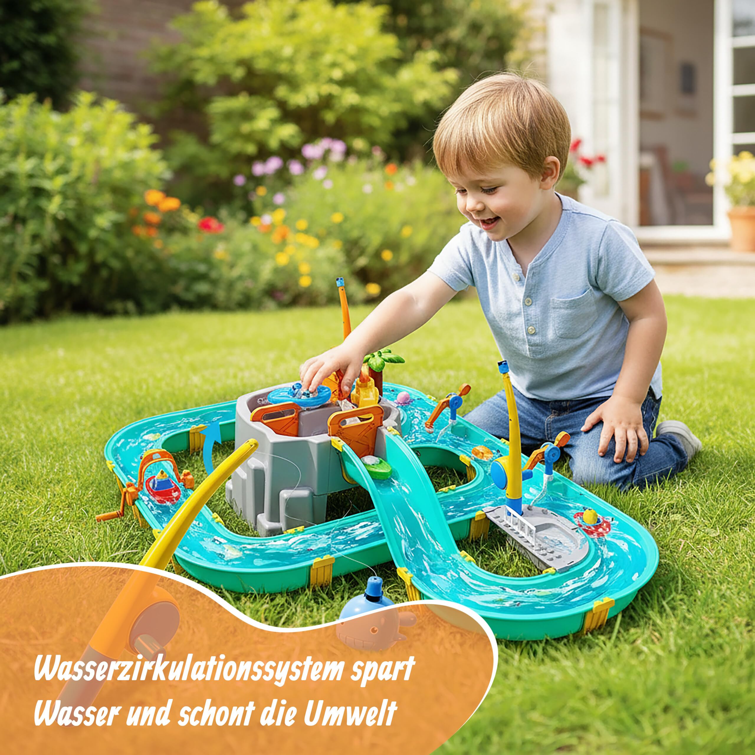 Relaxdays Wasserbahn Kinder, HBT: 71x71x101 cm, Outdoor, Wasserspielbahn, Boote & Angel, Wasserstraße, Kunststoff, bunt