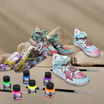 Acrylic Leather Paint for Shoes - 6 Color Leather Paint Kit with 5 Paint Brushes (Deglazer & Finisher not Included) - Great Repair Finisher for Shoes,Sneakers, Wallets, Jackets (Neon - 6 Colors)