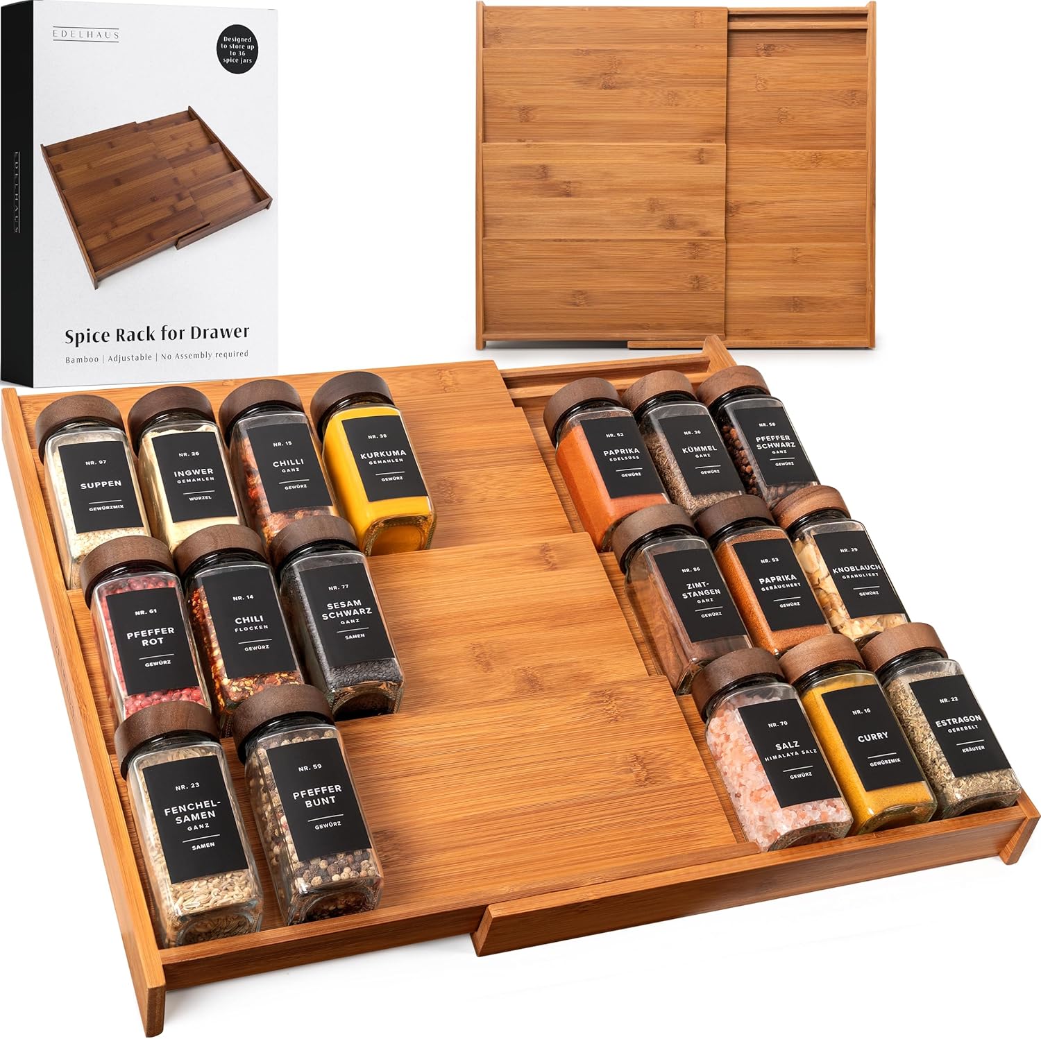 Bamboo Spice Drawer Organizer - Expandable 4 Tier Spice Rack (Need 3" Deep Drawer) 12" to 24" Wide, Seasoning Organizer, Organization Seasoning Rack insert (Jars Not Included)
